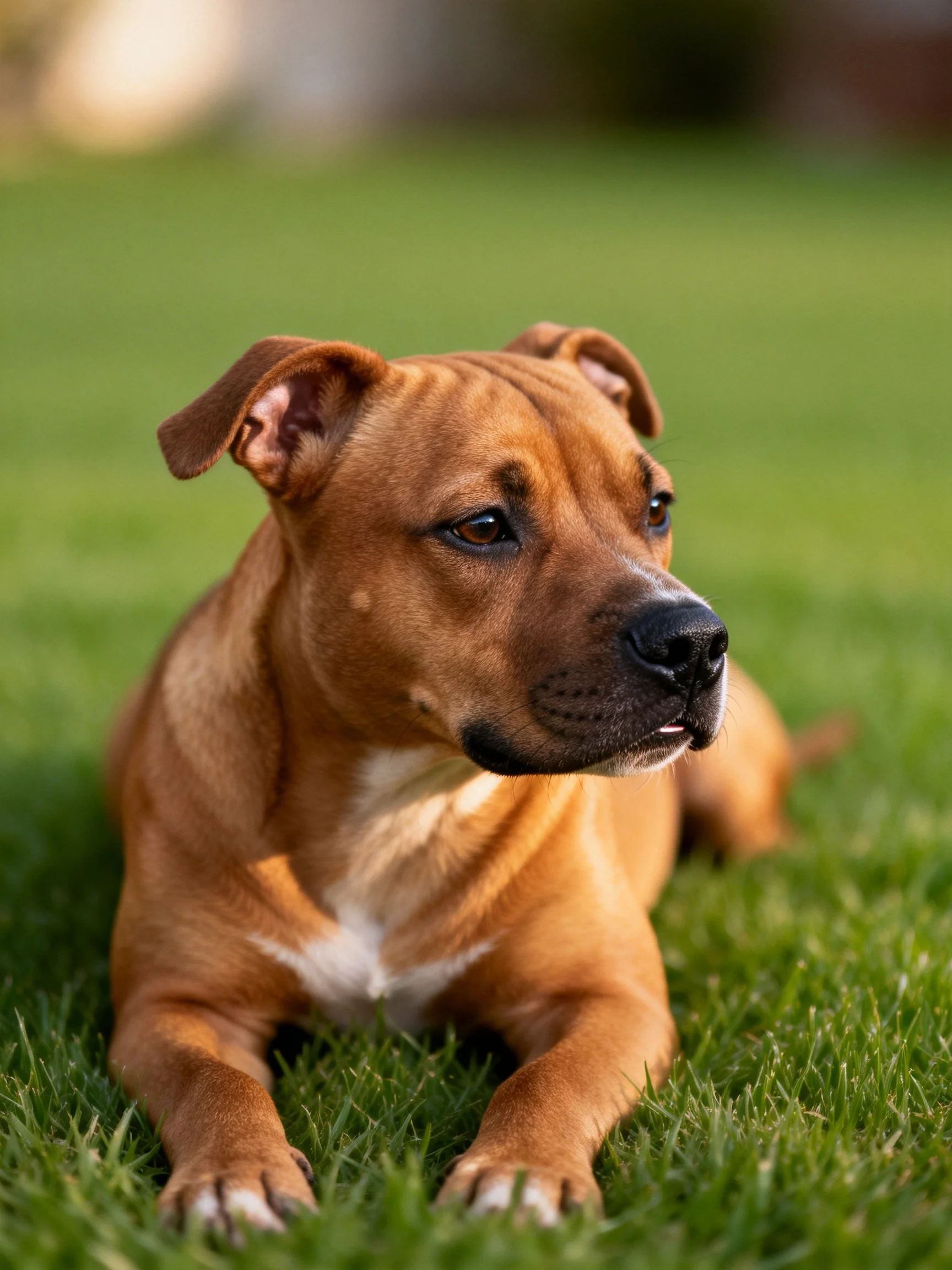 A brown puppy rests peacefully on lush green grass.