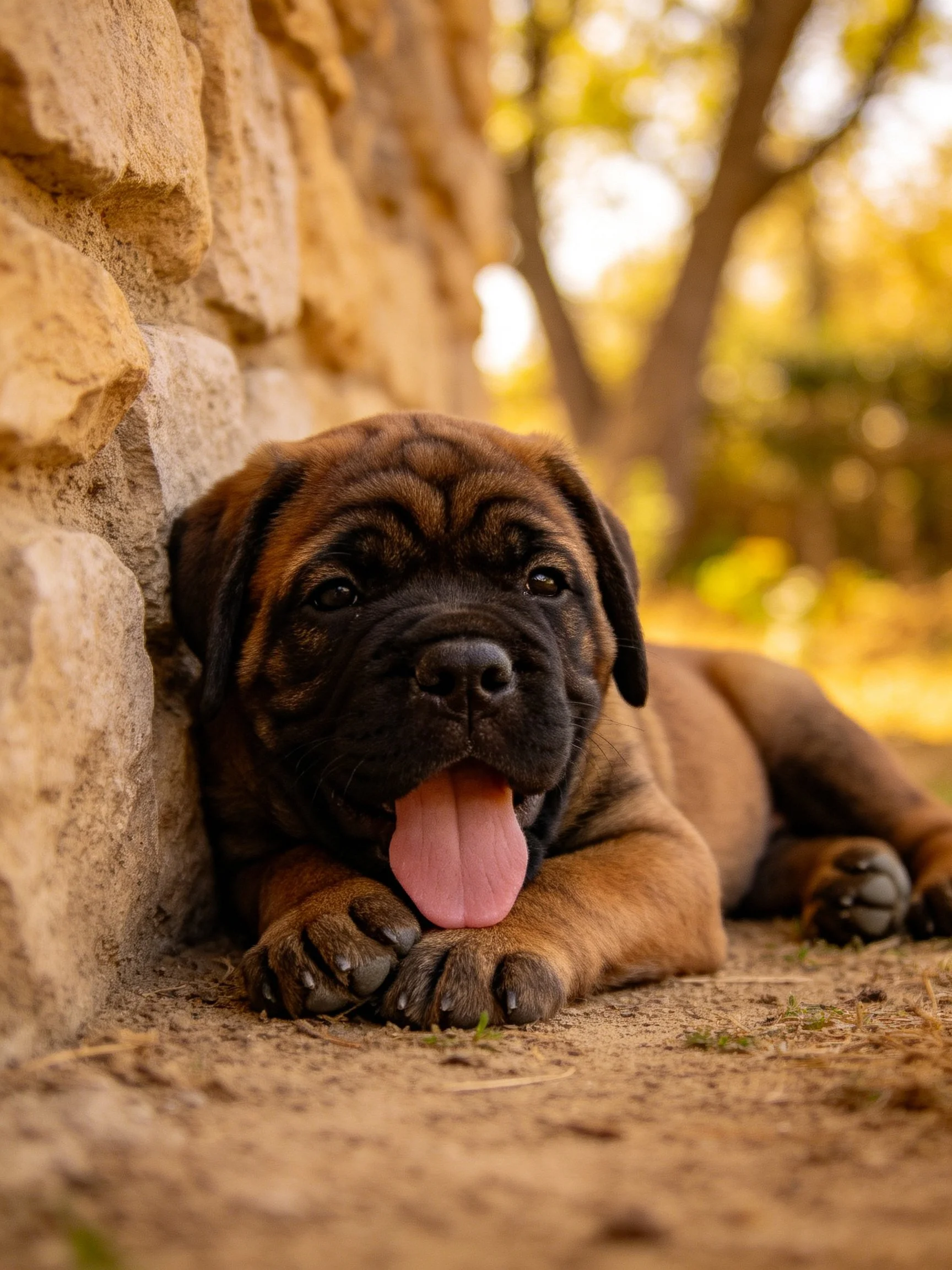 A brown puppy rests against a textured stone wall in warm sunlight
