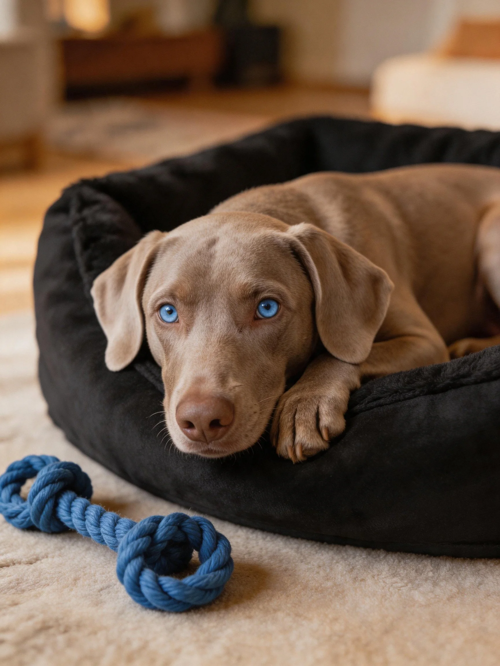 A brown puppy rests in a black bed with a blue rope toy nearby