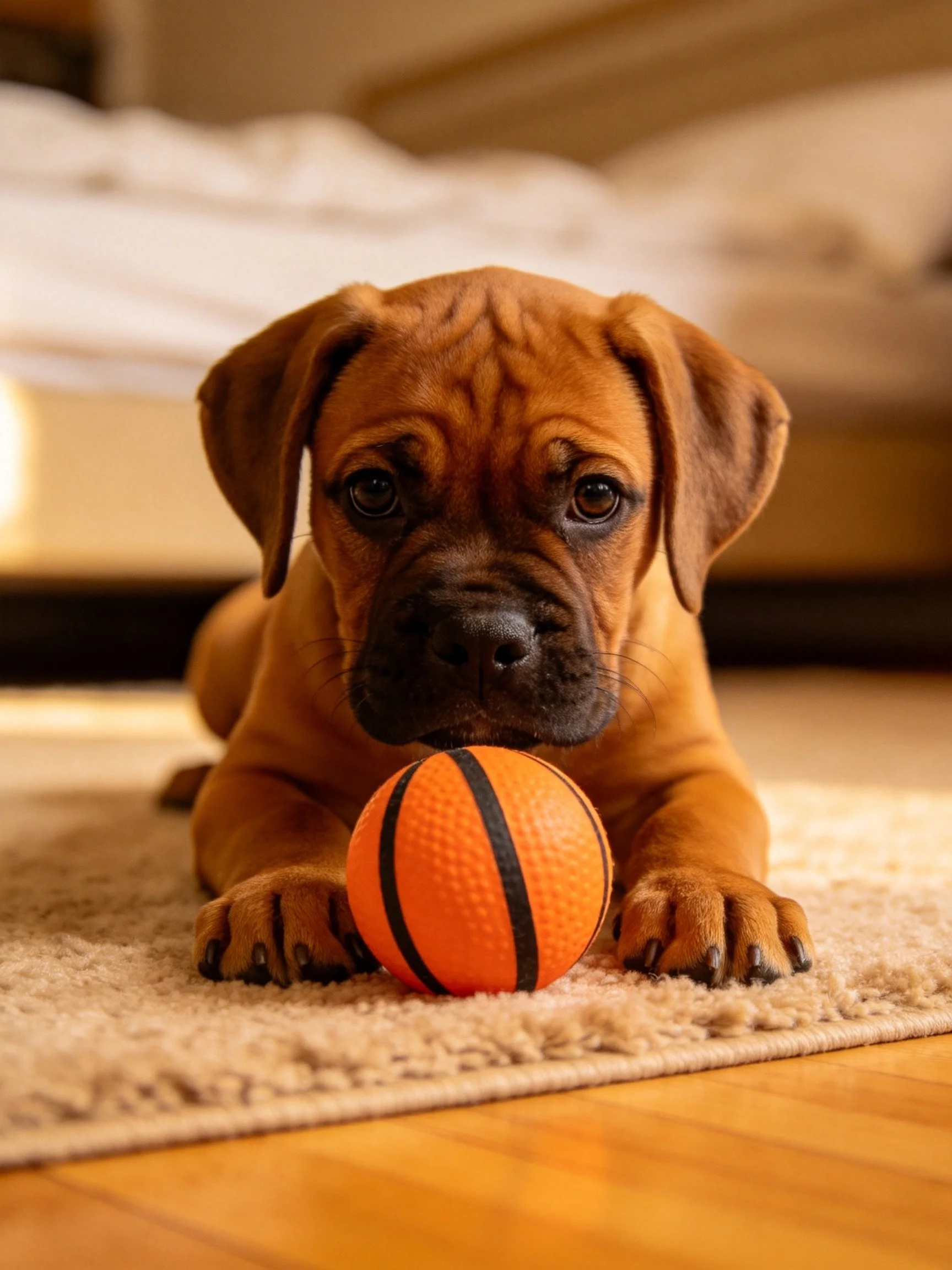 A brown puppy interacts with an orange basketball toy inside a home