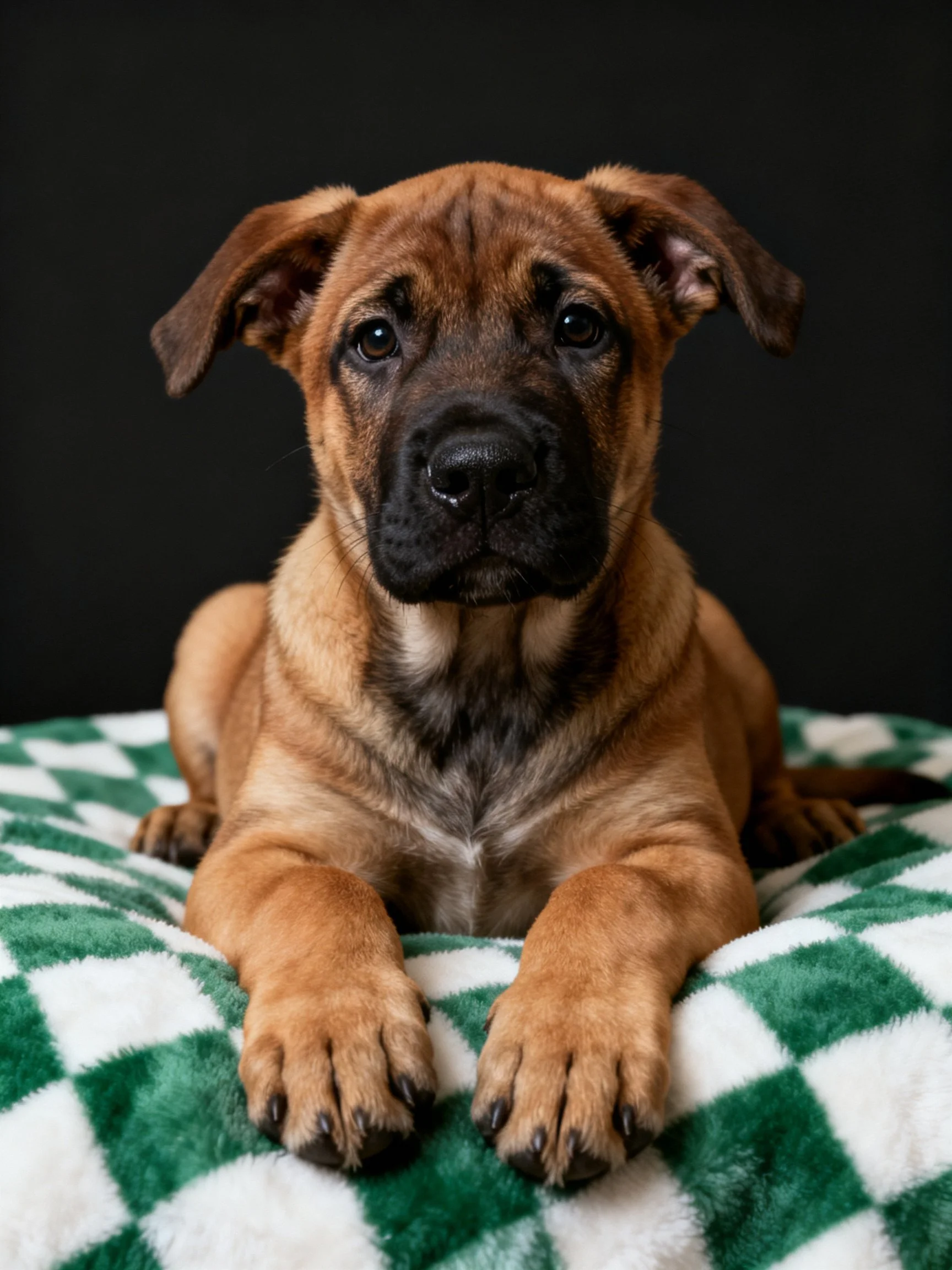 A brown puppy lies calmly on a checkered blanket with a dark background