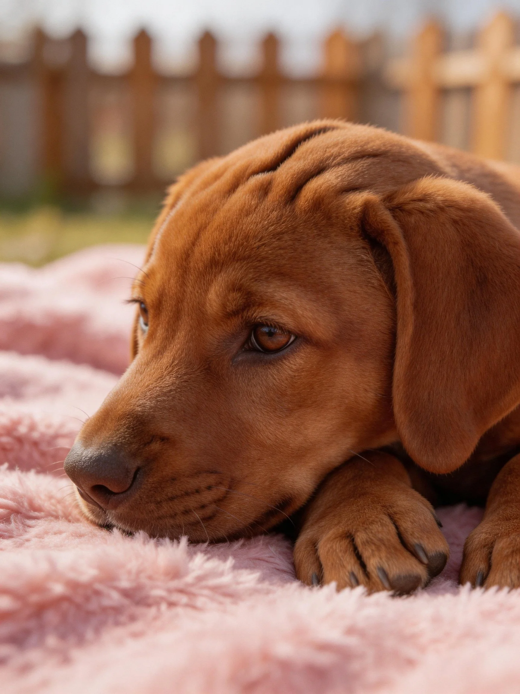 A brown puppy lies on a soft pink blanket with a wooden fence in the background