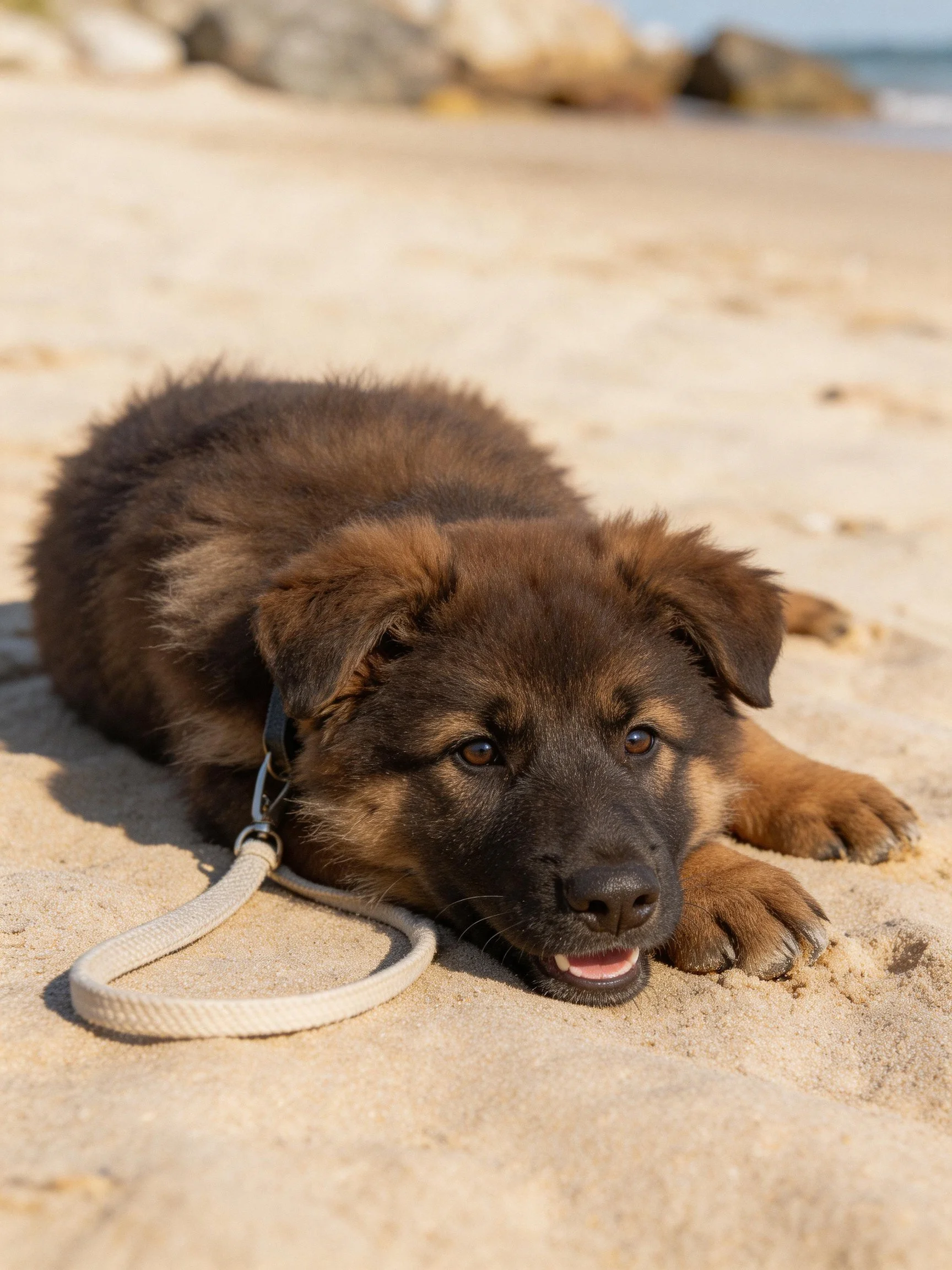 A brown puppy rests on sandy beach near rocks
