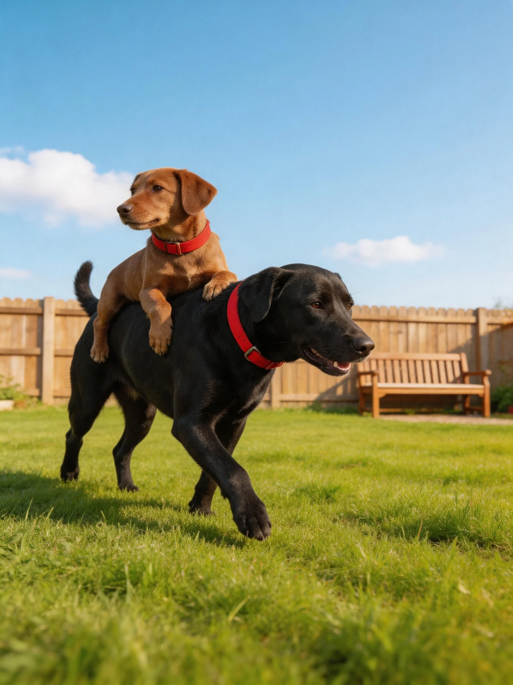 A brown puppy rides a black dog in a sunny backyard