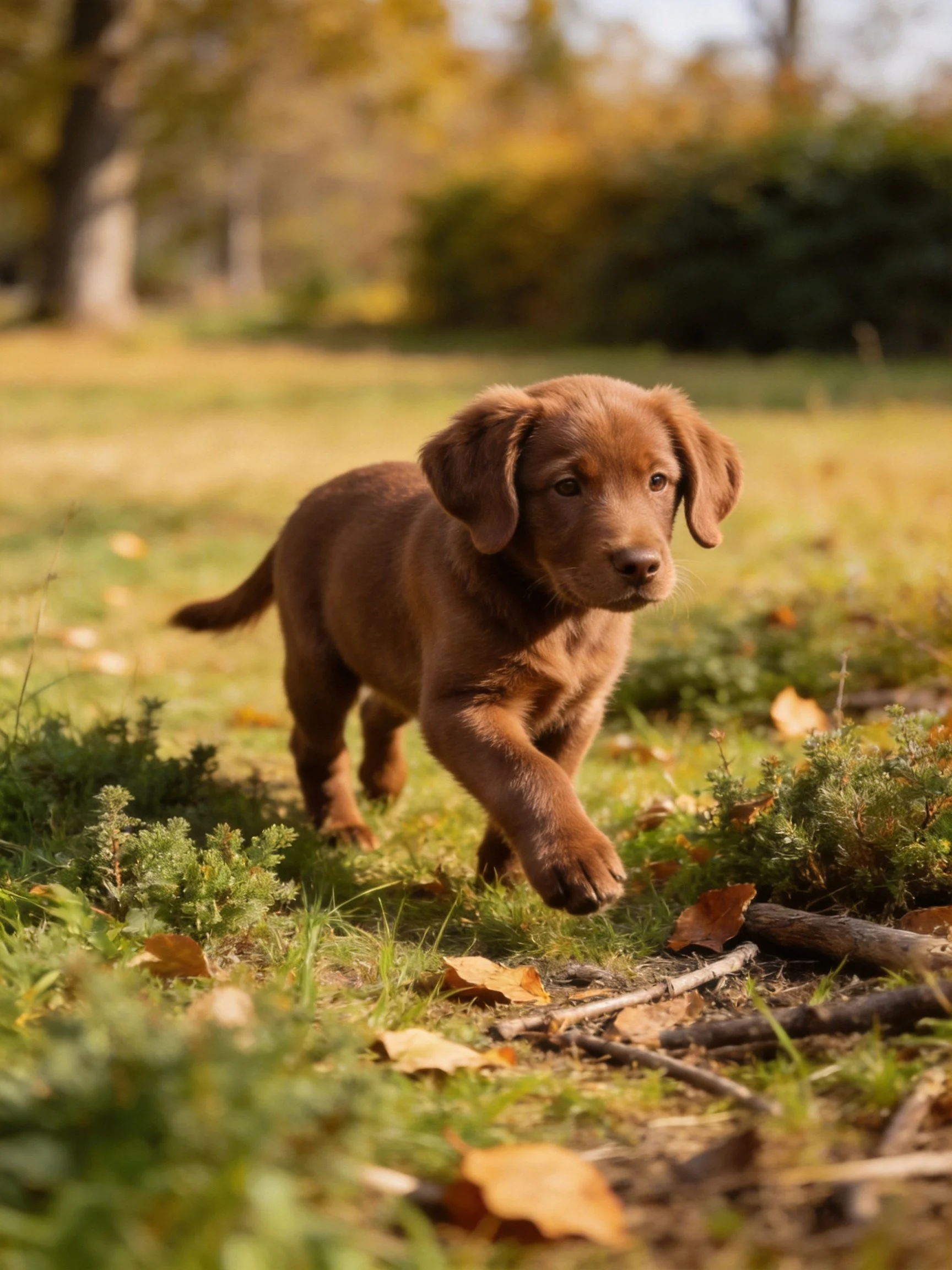 A brown puppy running through an autumnal grassy field