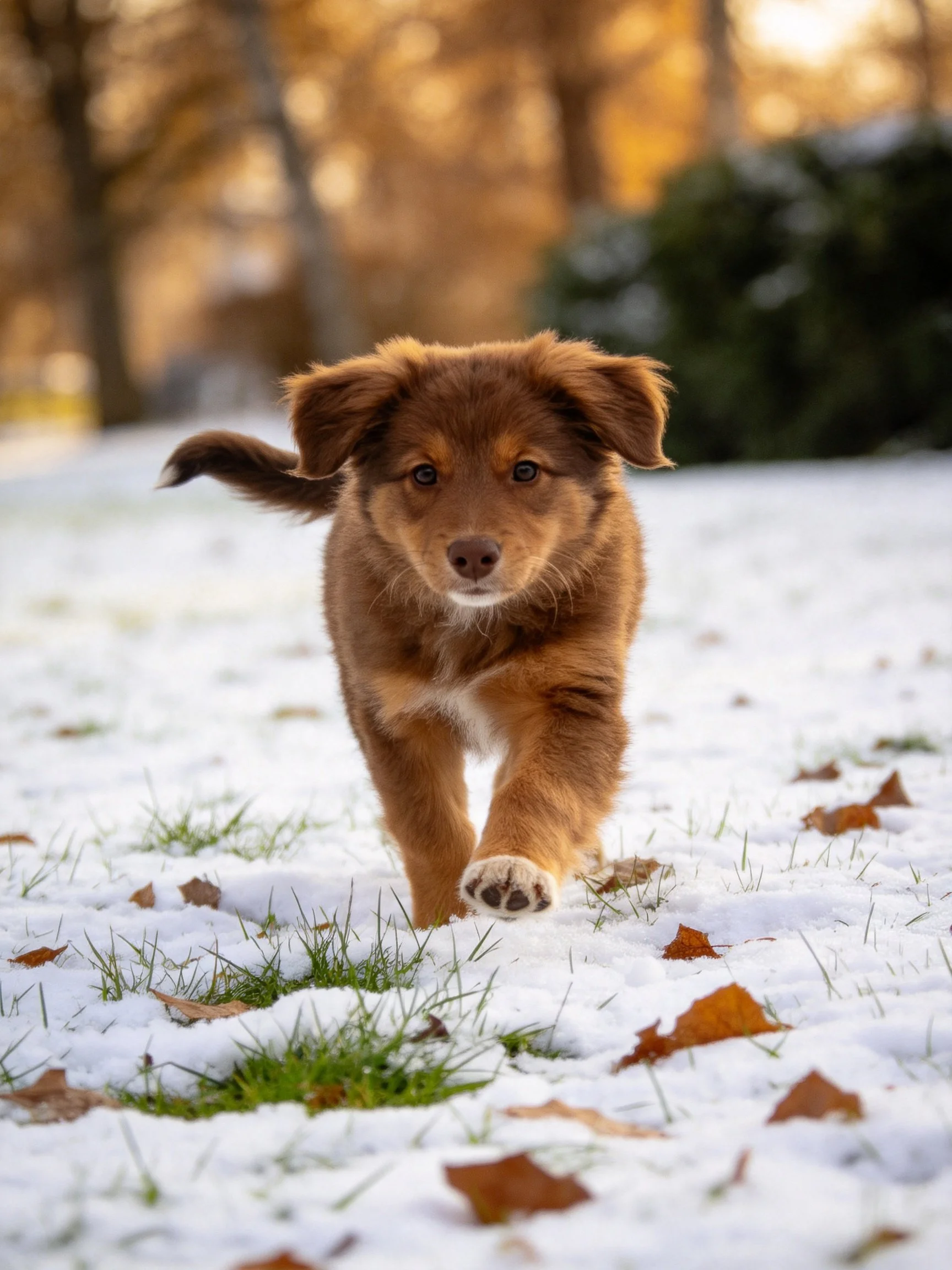 A brown puppy runs through a snowy area with patches of grass and fallen leaves.