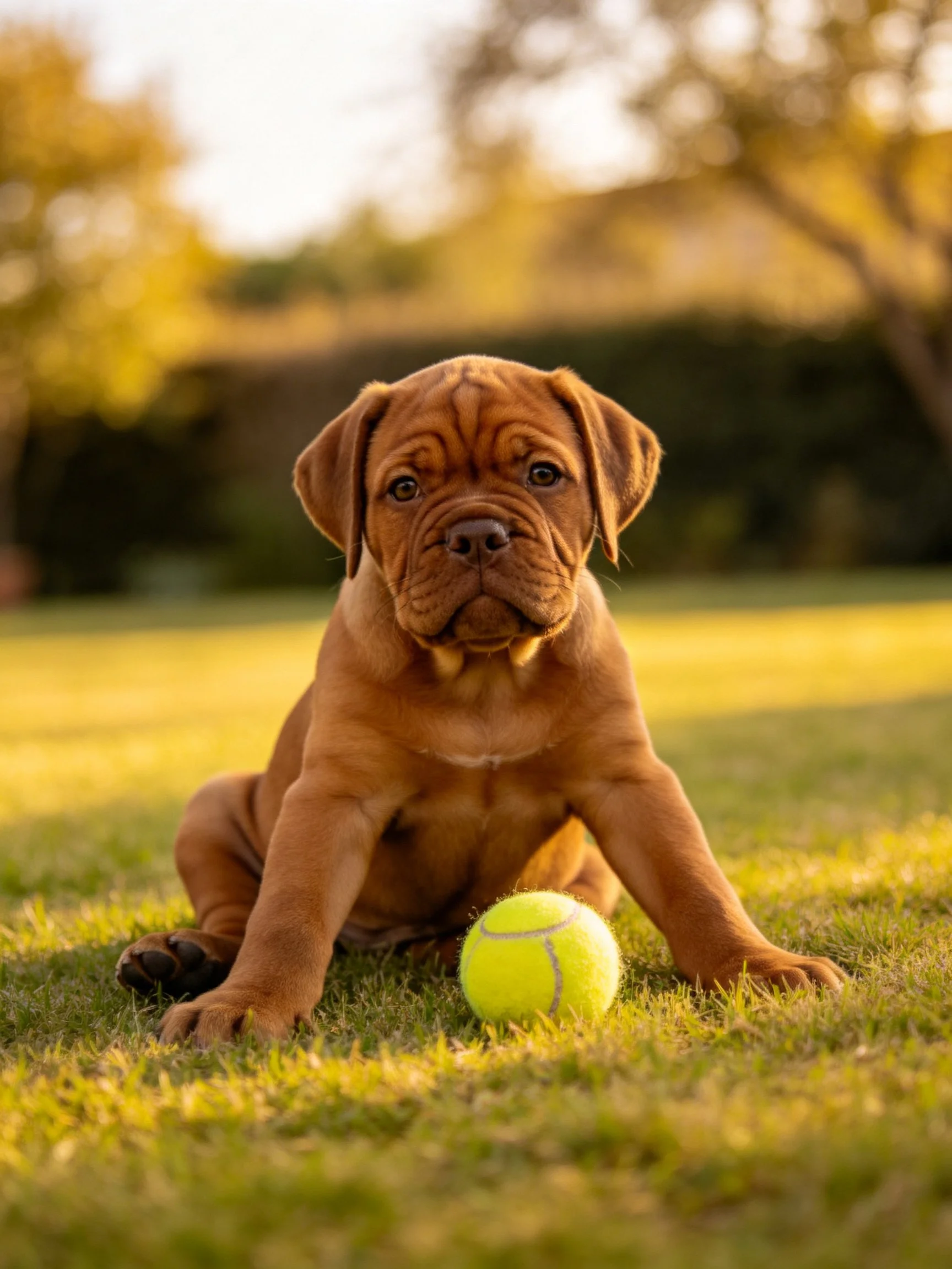 A brown puppy sits near a yellow tennis ball on grass in a sunny outdoor setting.