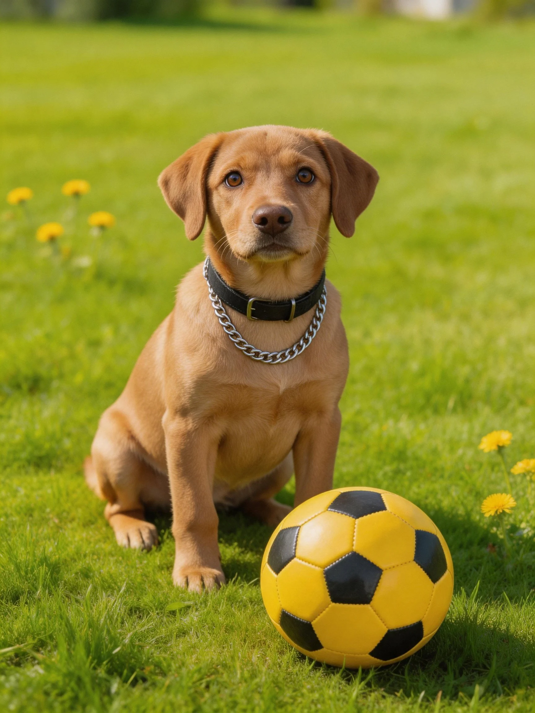 A brown puppy sits near a yellow and black soccer ball on a grassy field.