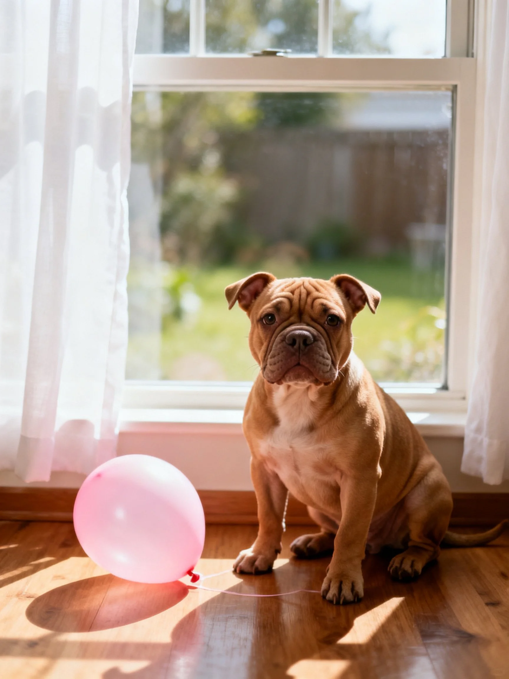 A brown puppy sits by a window next to a pink balloon