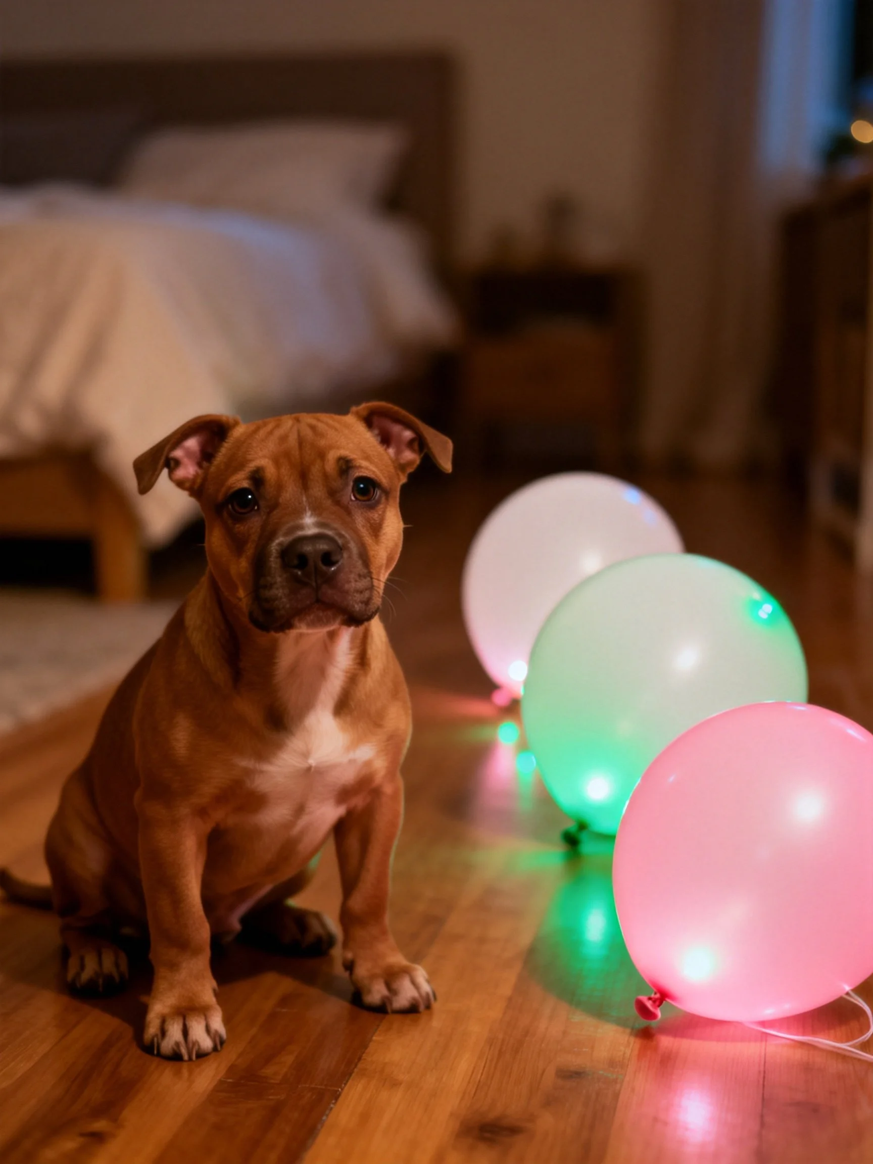 A brown puppy sits beside glowing balloons in a cozy room