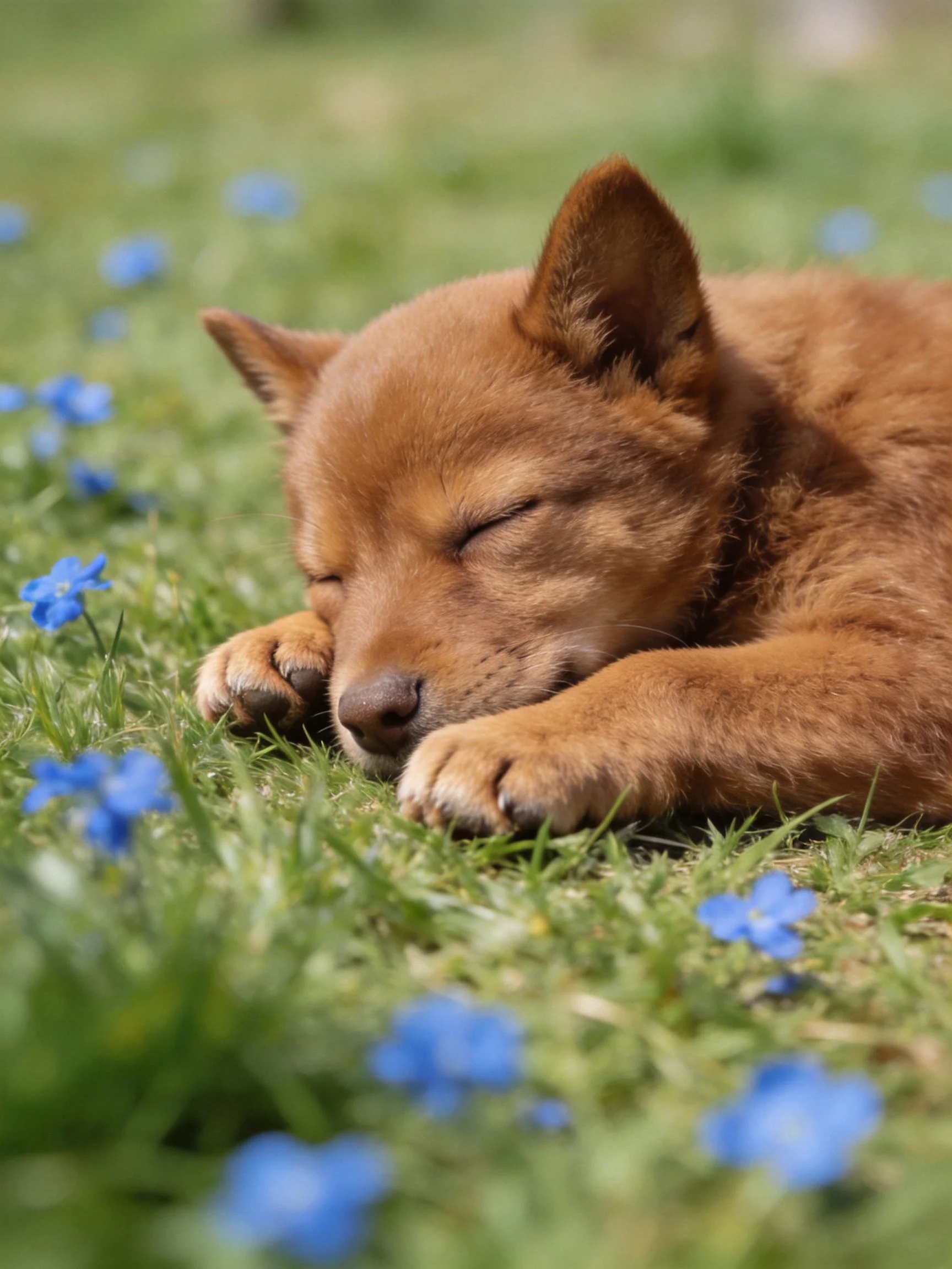 A brown puppy sleeps on green grass surrounded by small blue flowers.
