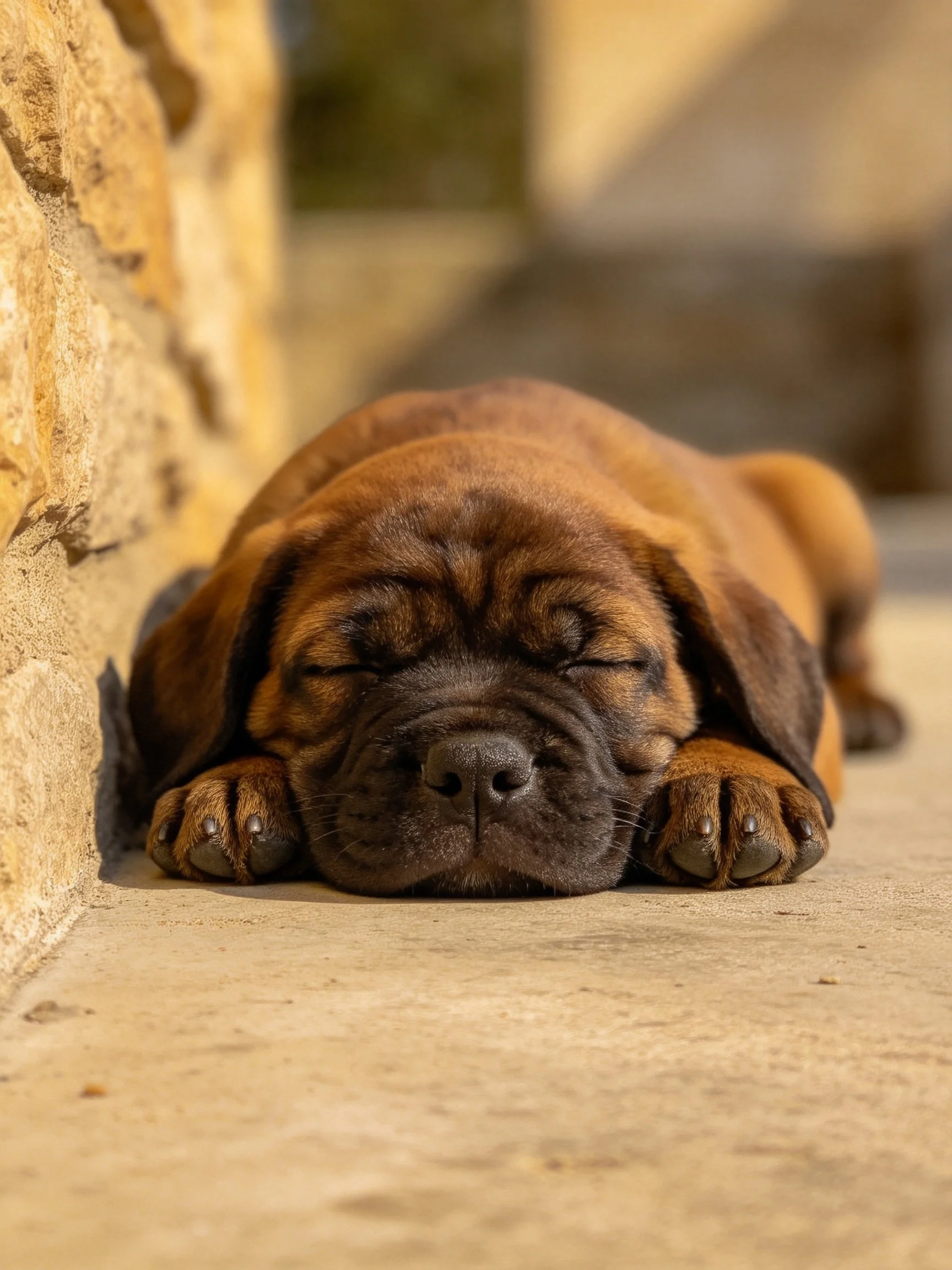 A brown puppy sleeps near a textured stone wall