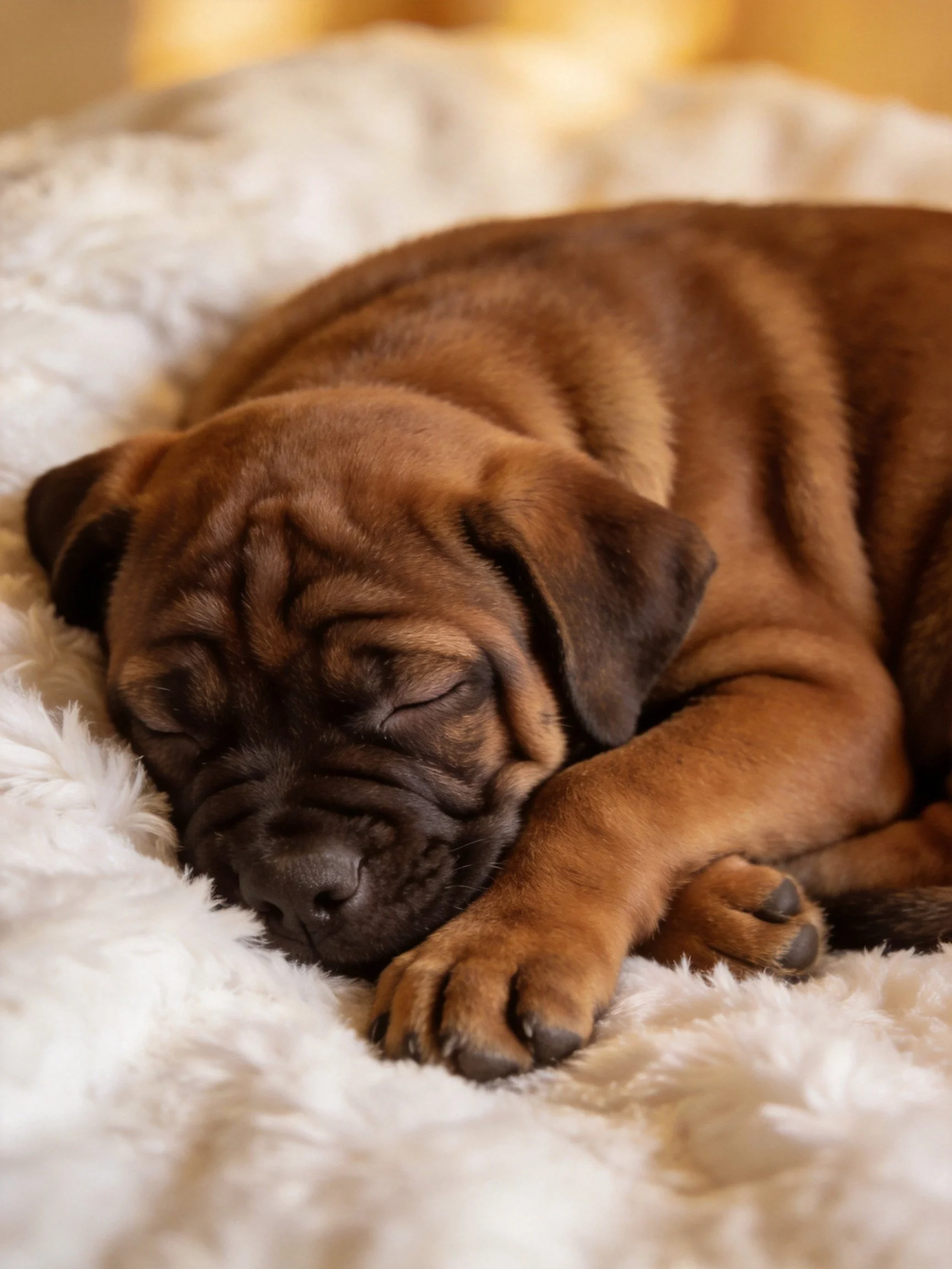 A brown puppy sleeps peacefully on a soft white bed.