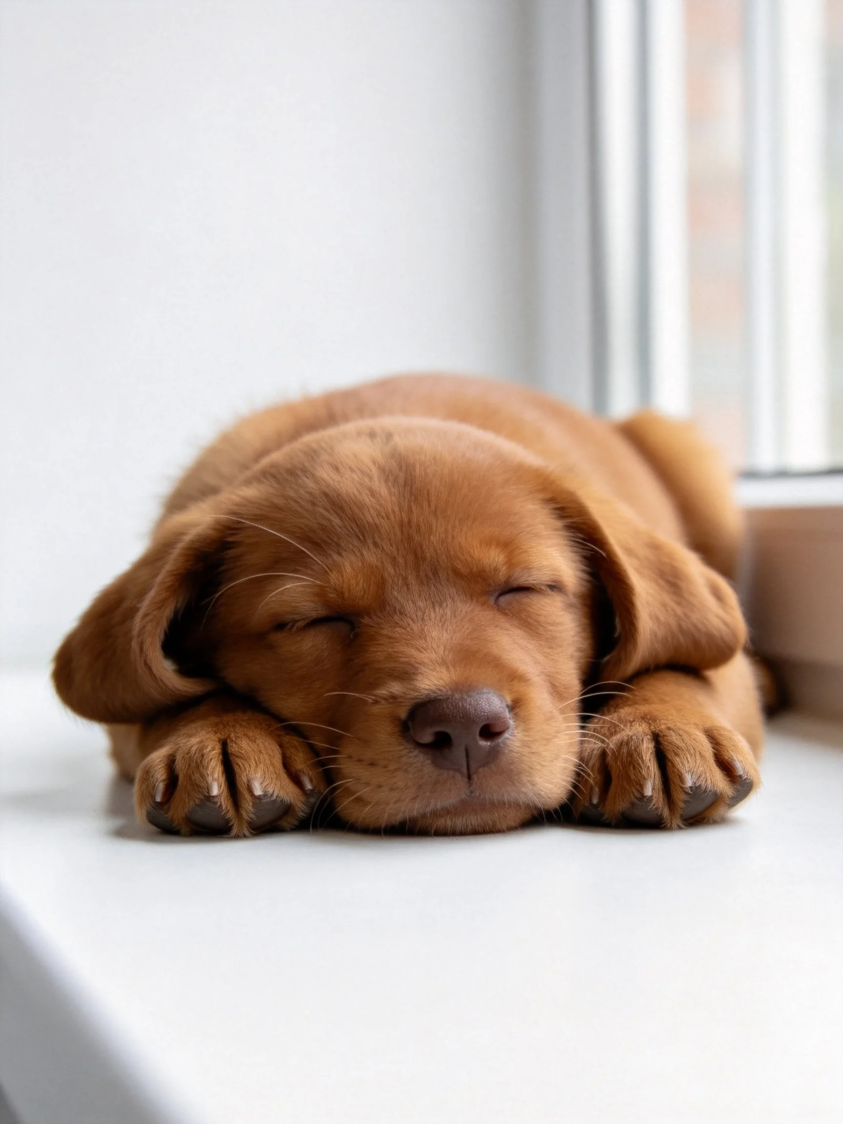 A brown puppy rests soundly on a white surface by a window
