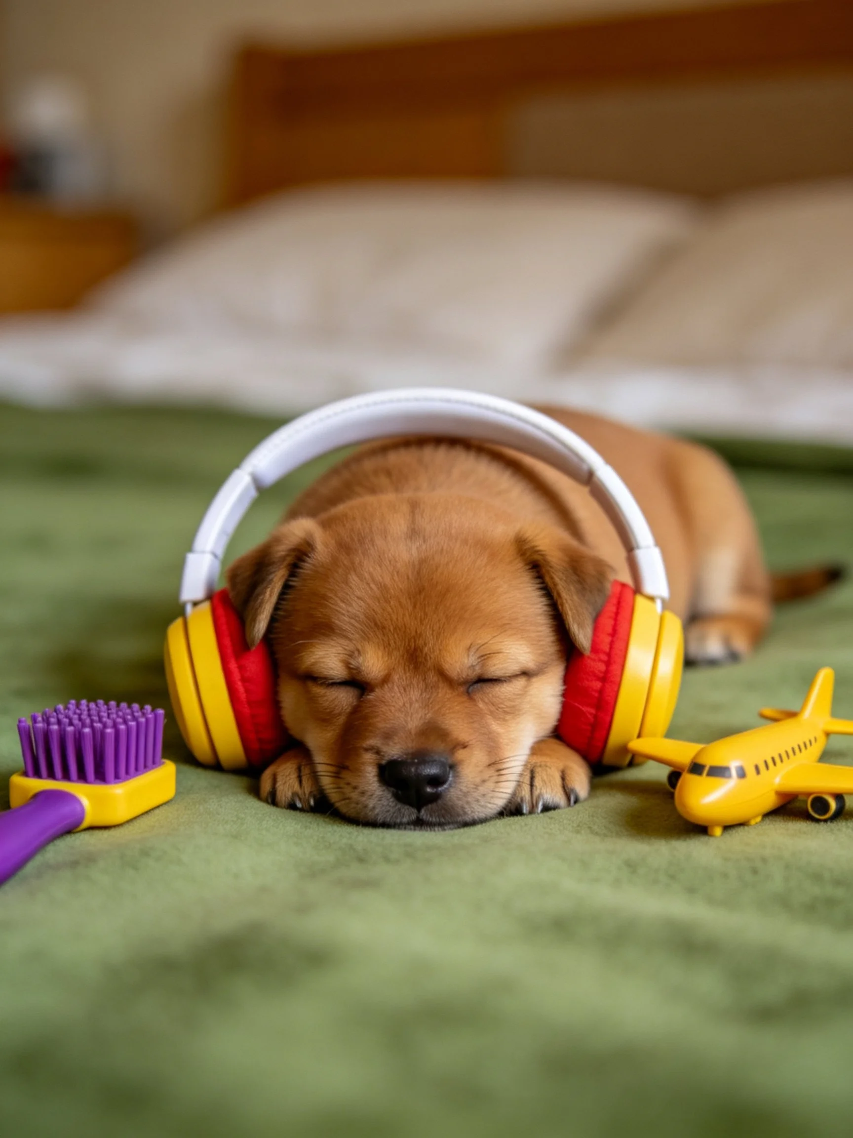 A brown puppy sleeps with toys in a cozy space.