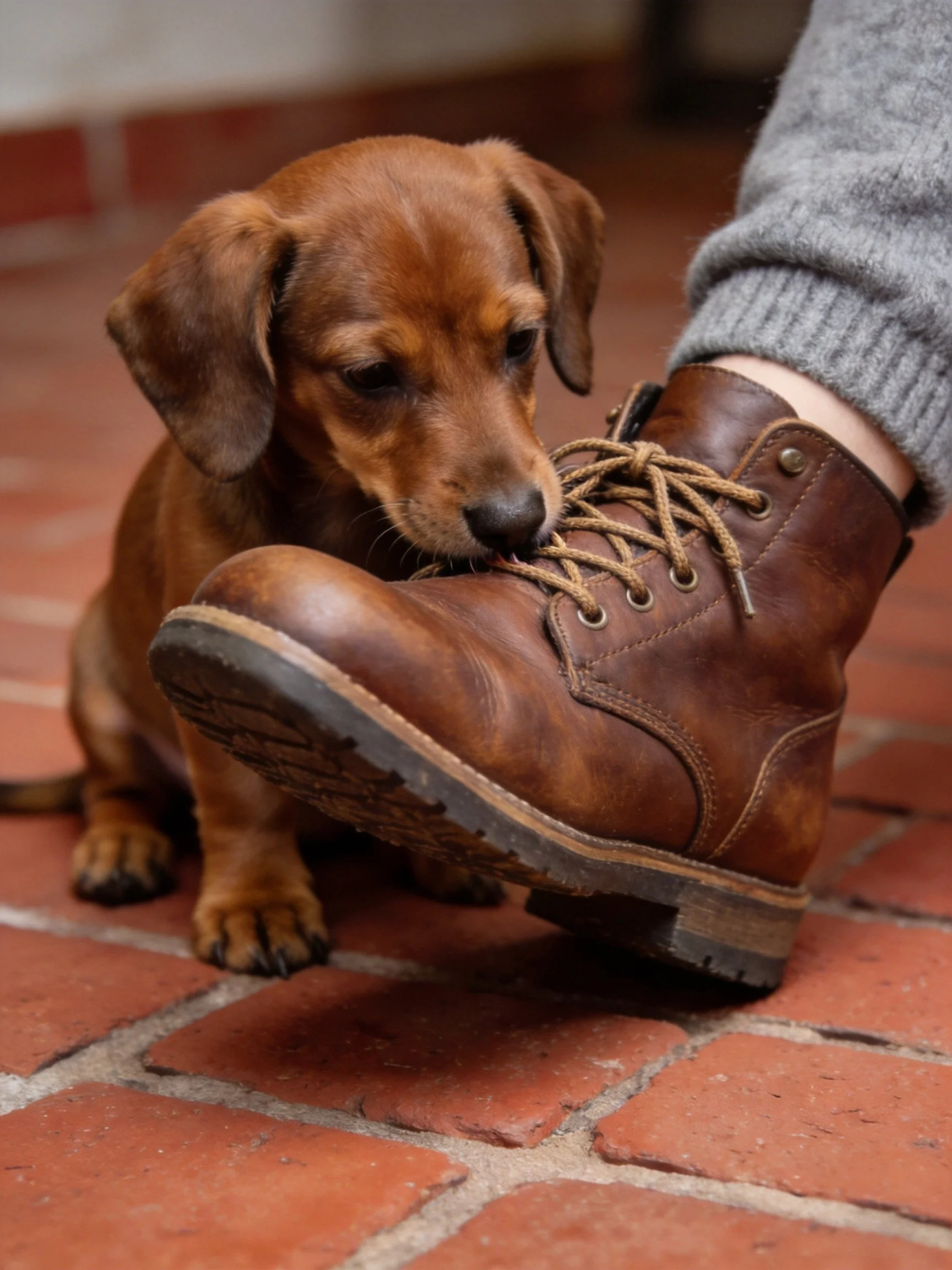 A small brown puppy examines a large brown boot on a brick surface.