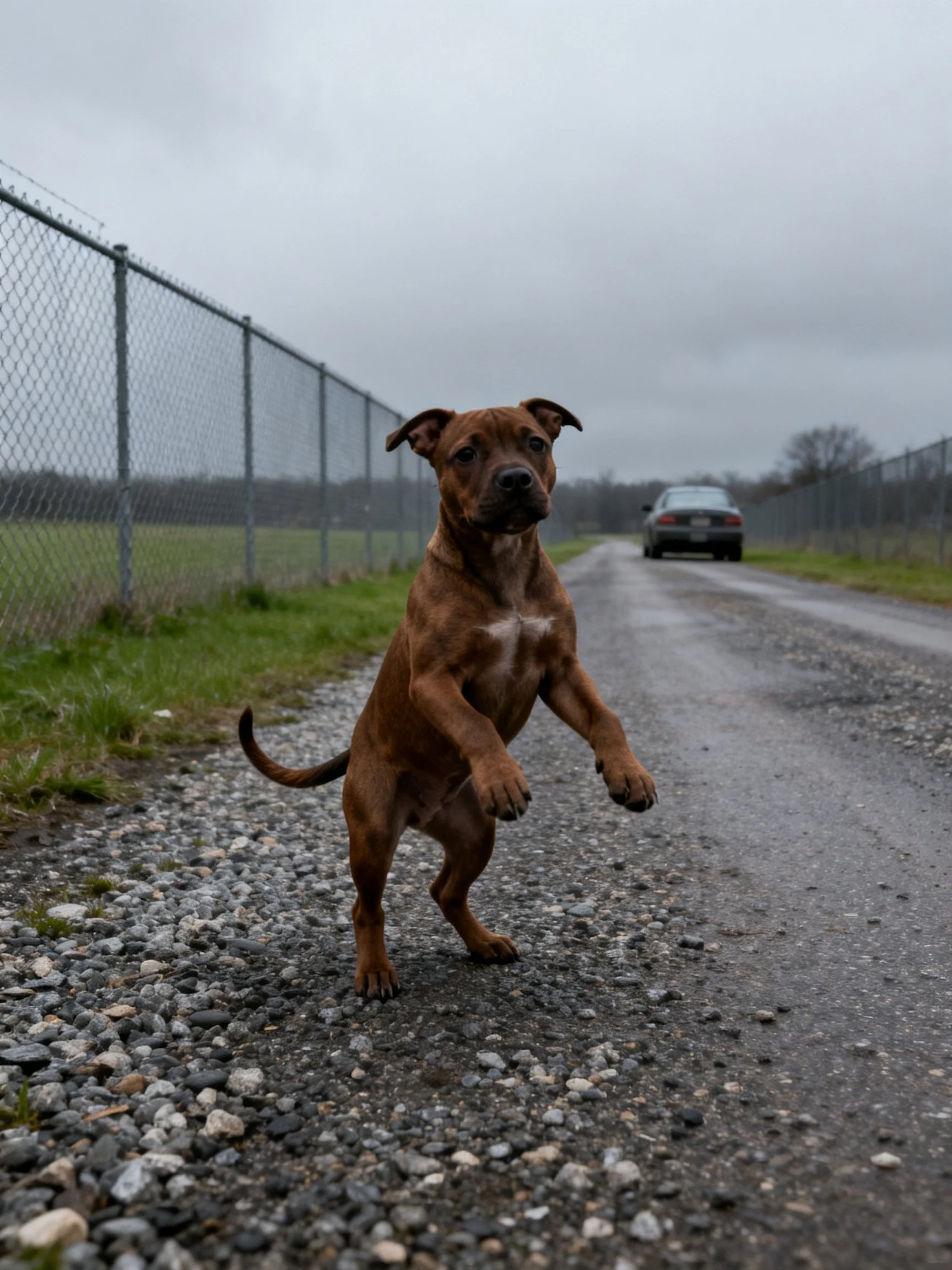 A brown puppy stands on its hind legs on a gravel road next to a chain-link fence