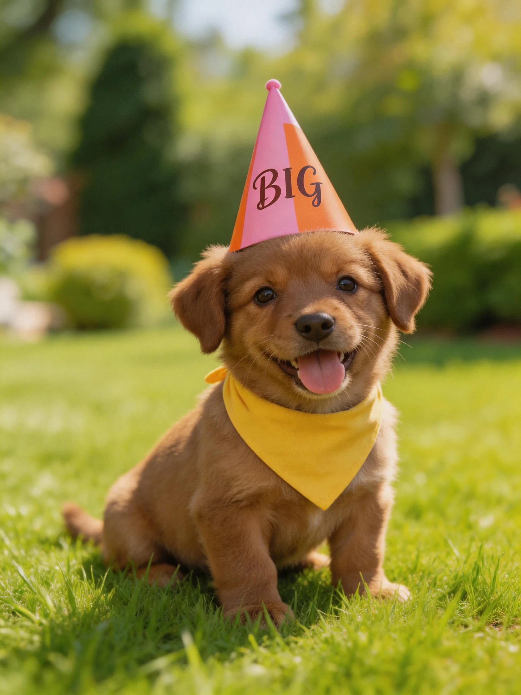 A brown puppy sits on grass wearing a colorful party hat and yellow bandana.