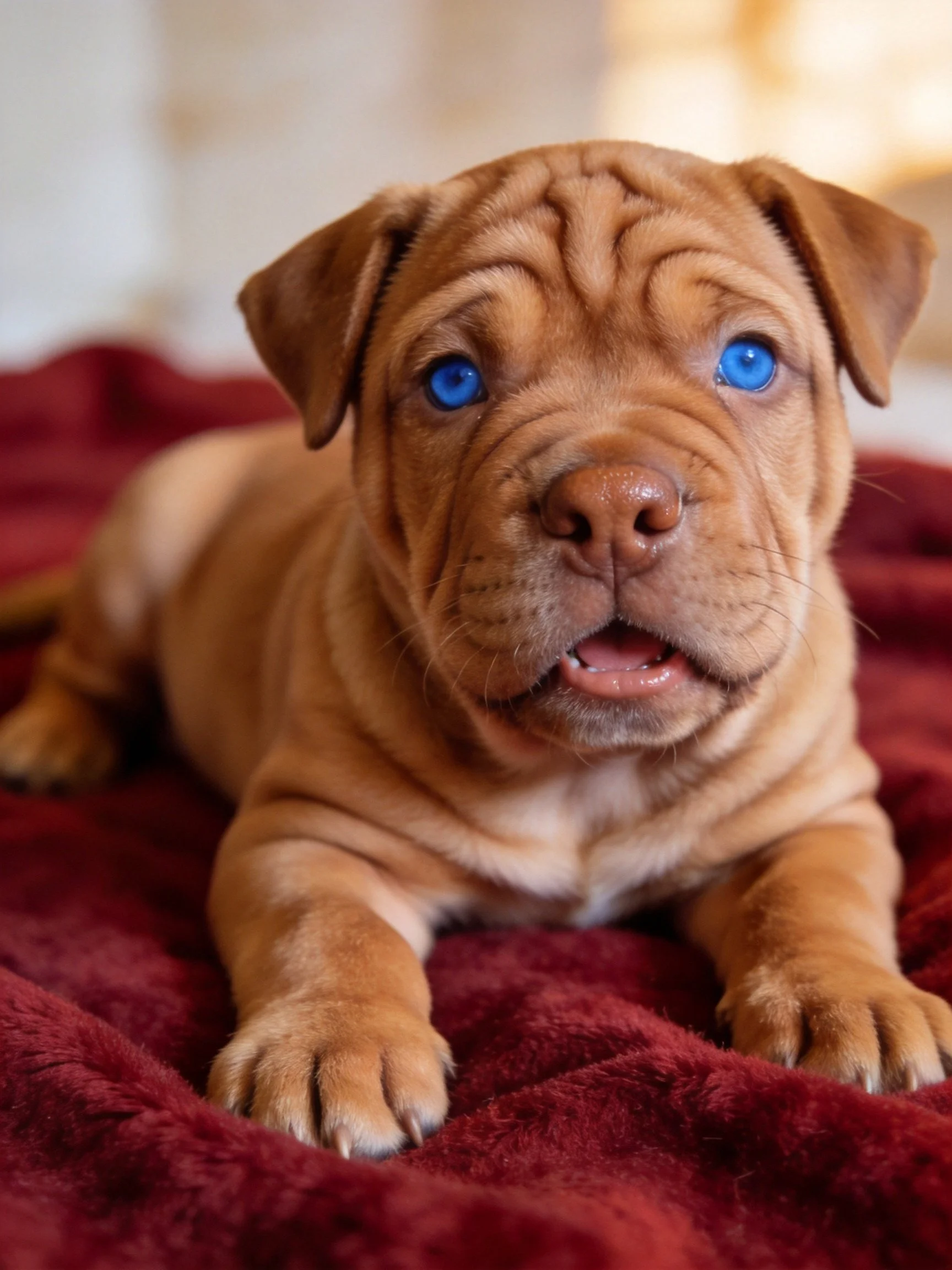 A brown puppy with bright blue eyes rests on a maroon blanket.