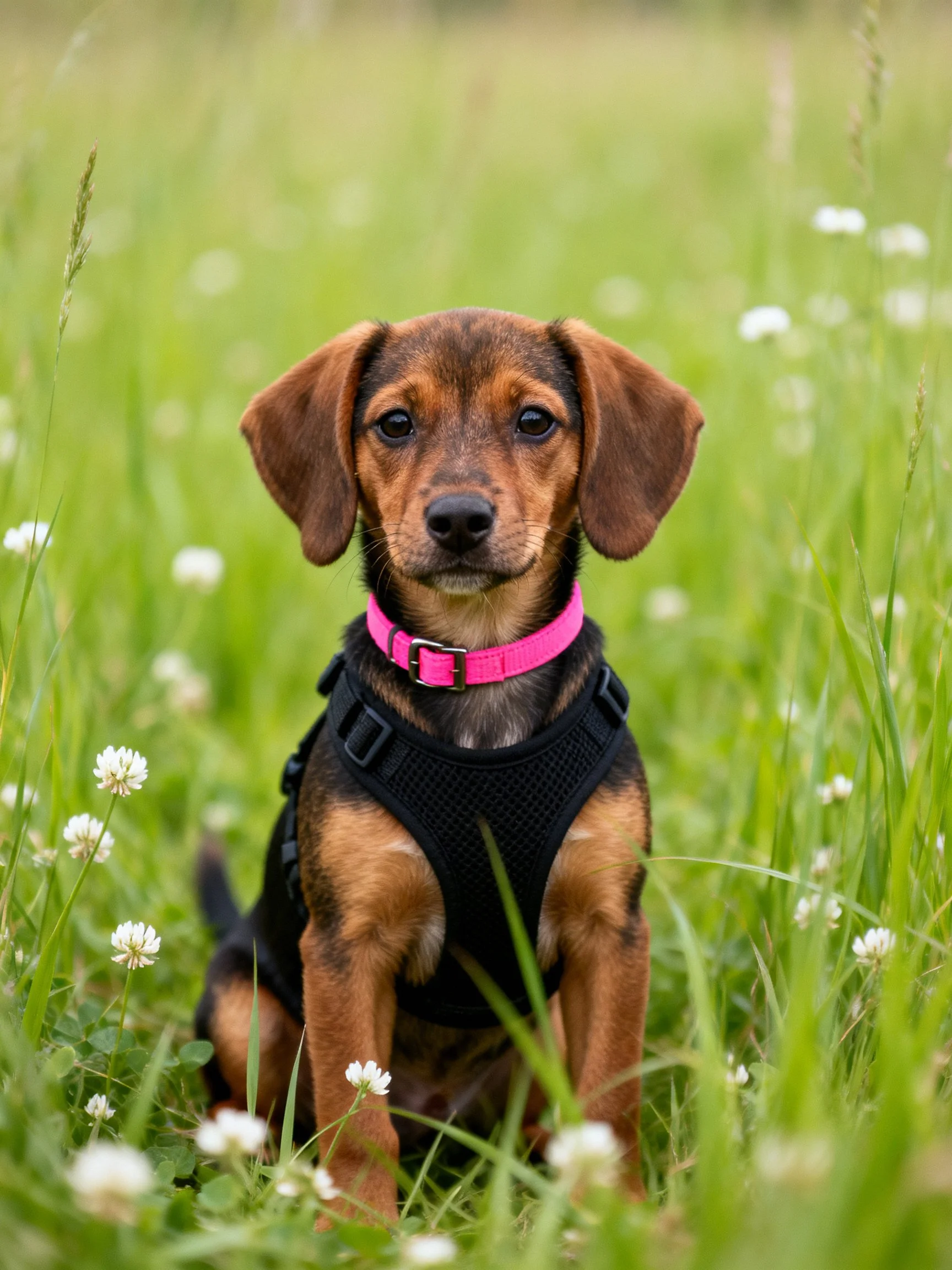A small brown dog with a pink collar sits in a grassy meadow.