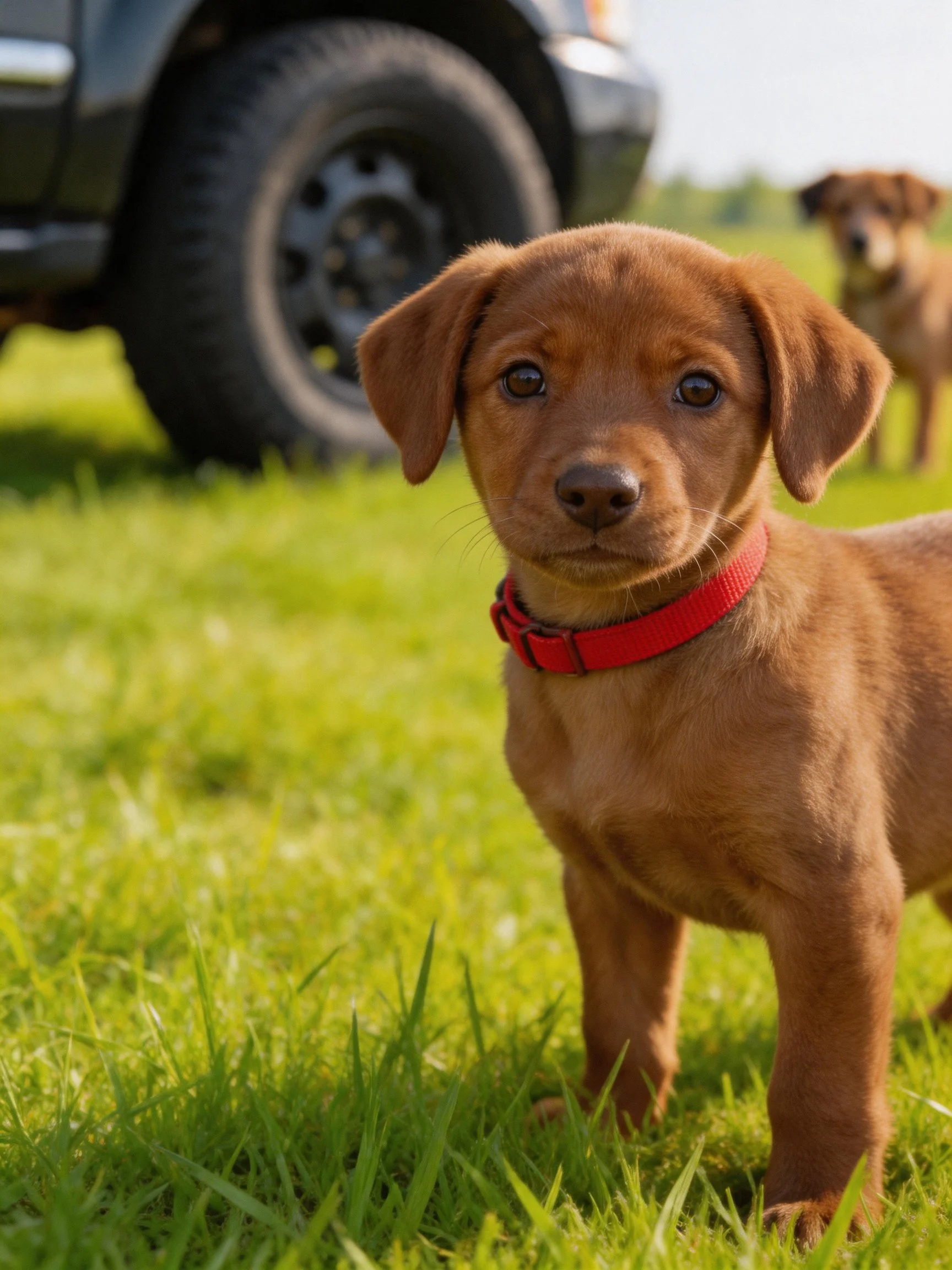 A brown puppy with a red collar stands on grass near a vehicle