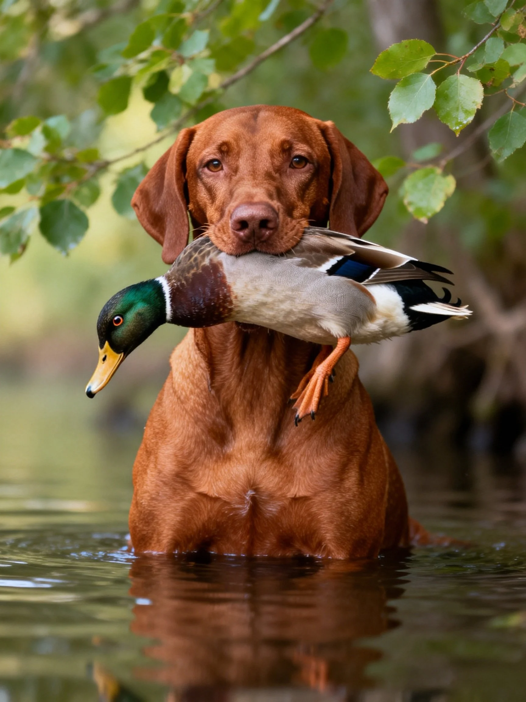 A brown retriever carrying a mallard duck in shallow water