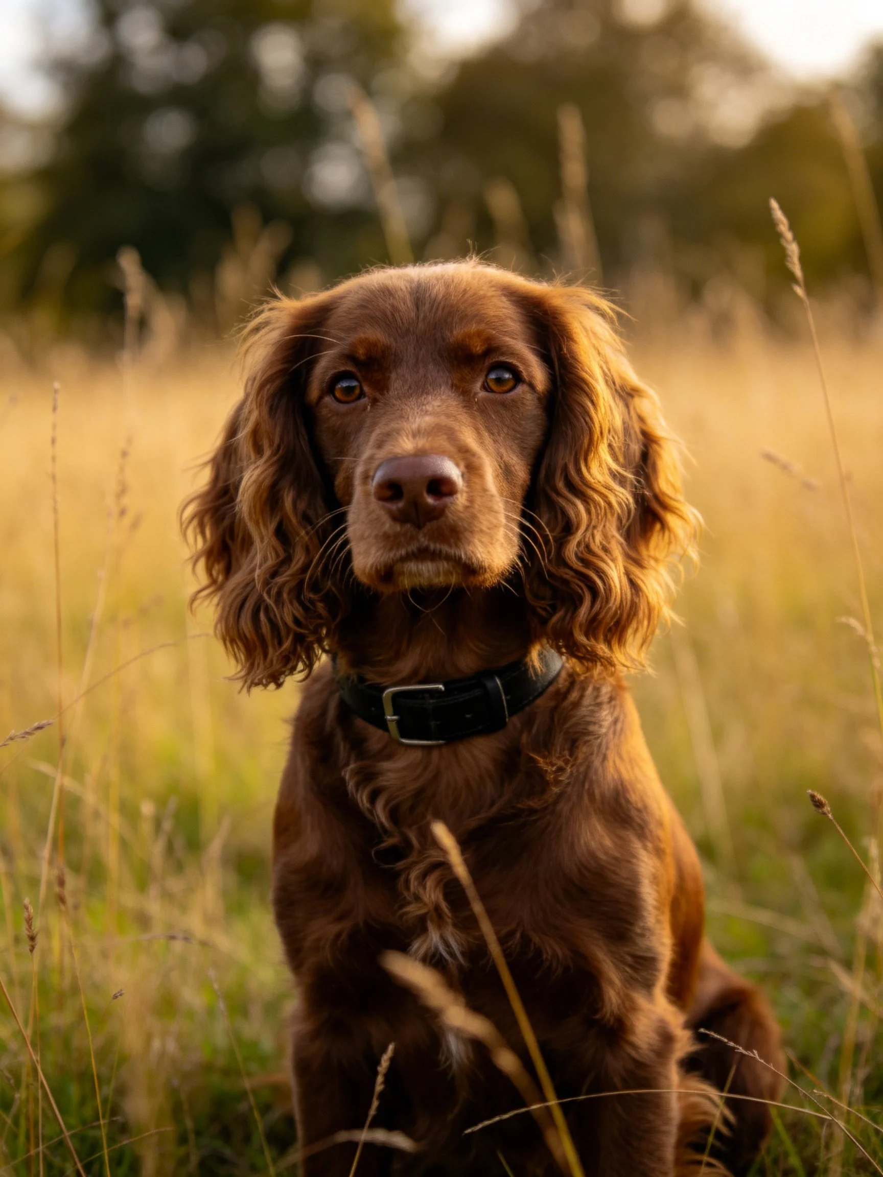 A brown spaniel sits in a sunlit grassy field