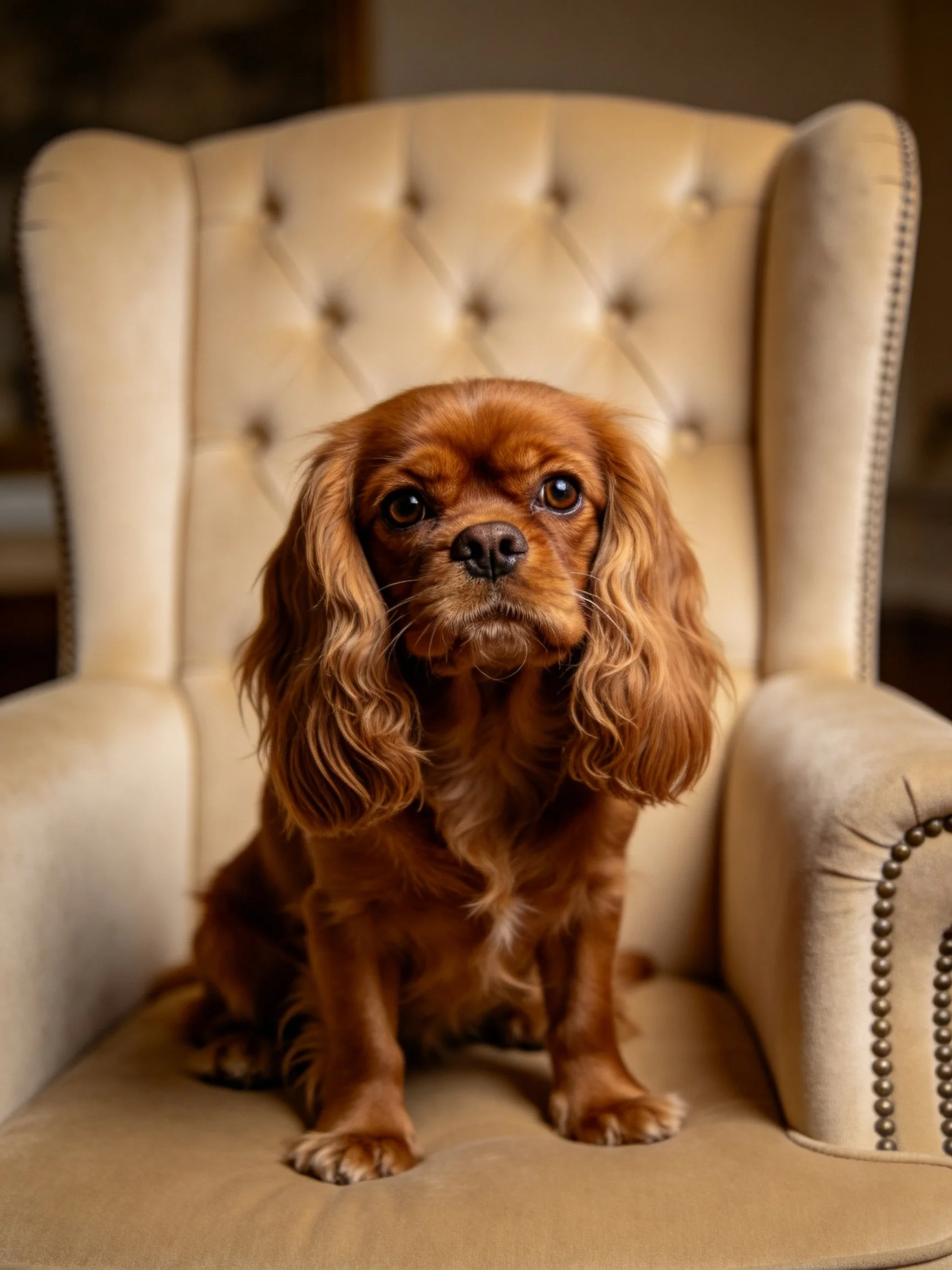 A brown spaniel sits on an ornate beige armchair