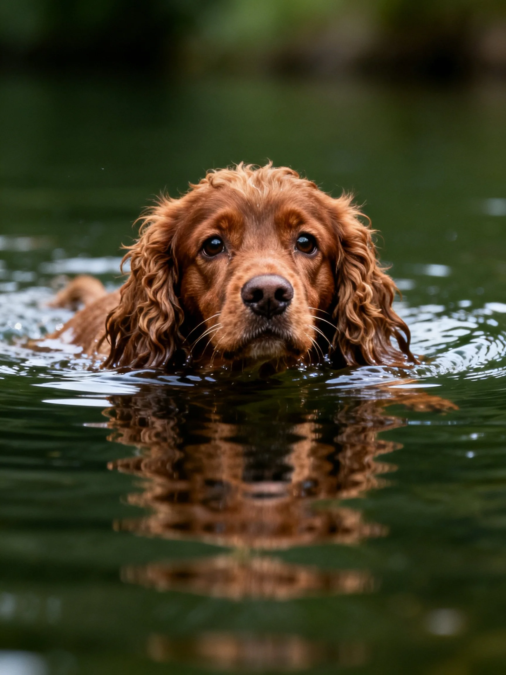 A brown spaniel swims calmly in green water.