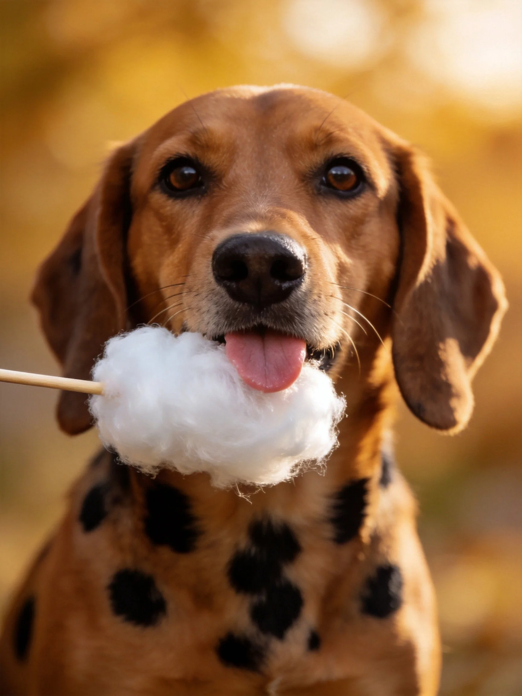 A brown - spotted dog enjoys a fluffy white treat outside