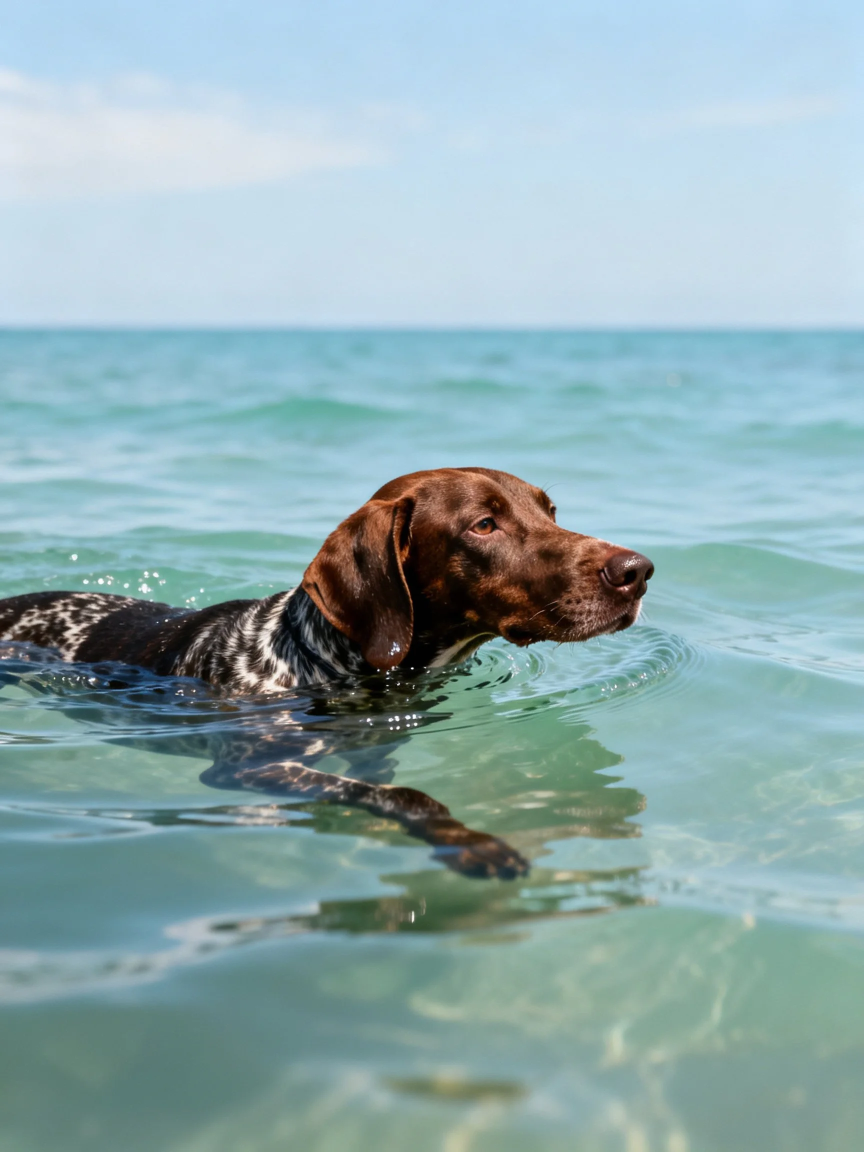 A brown-spotted dog swims in clear turquoise seas