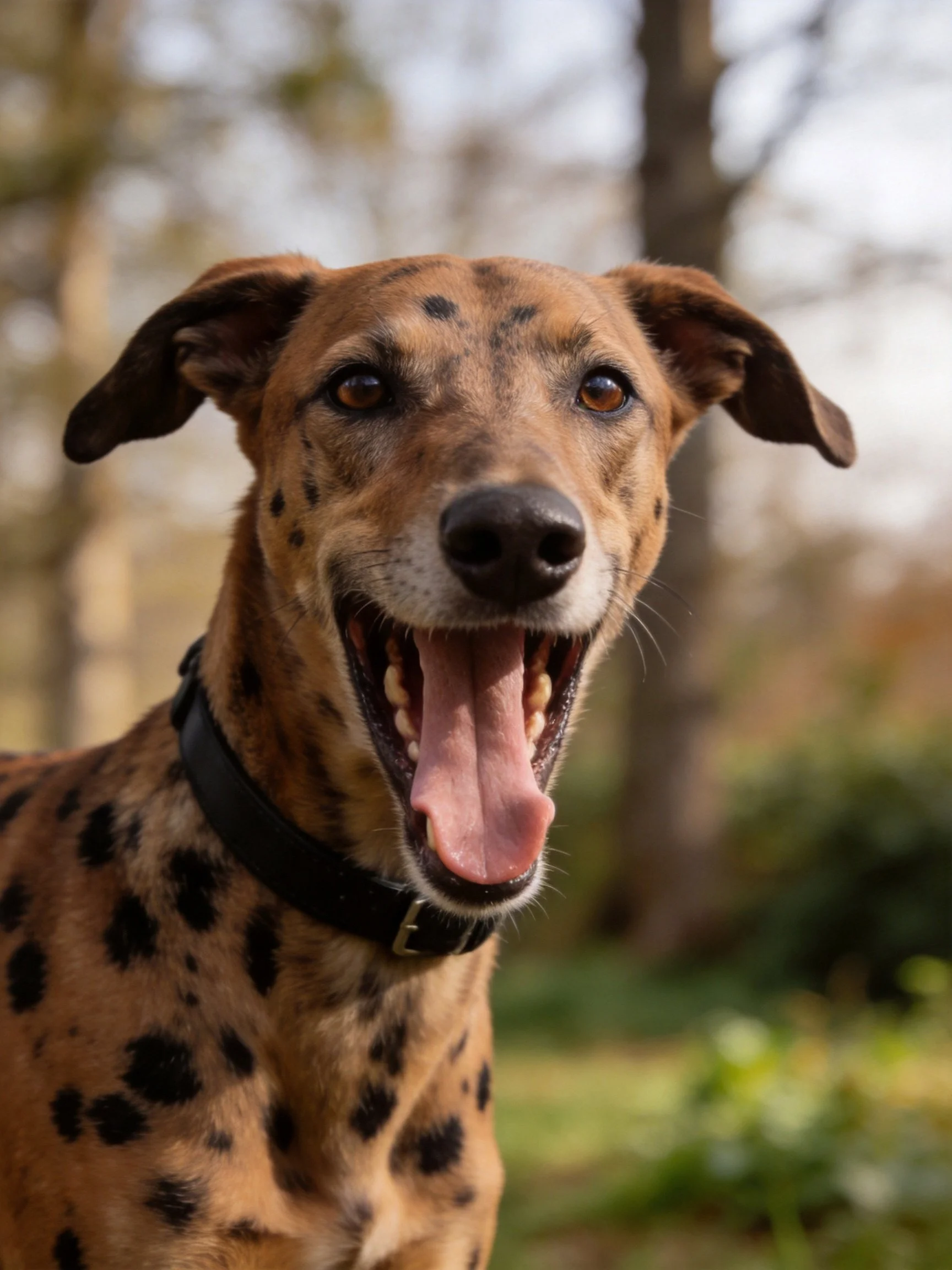 A brown-spotted dog with open mouth in a natural outdoor setting