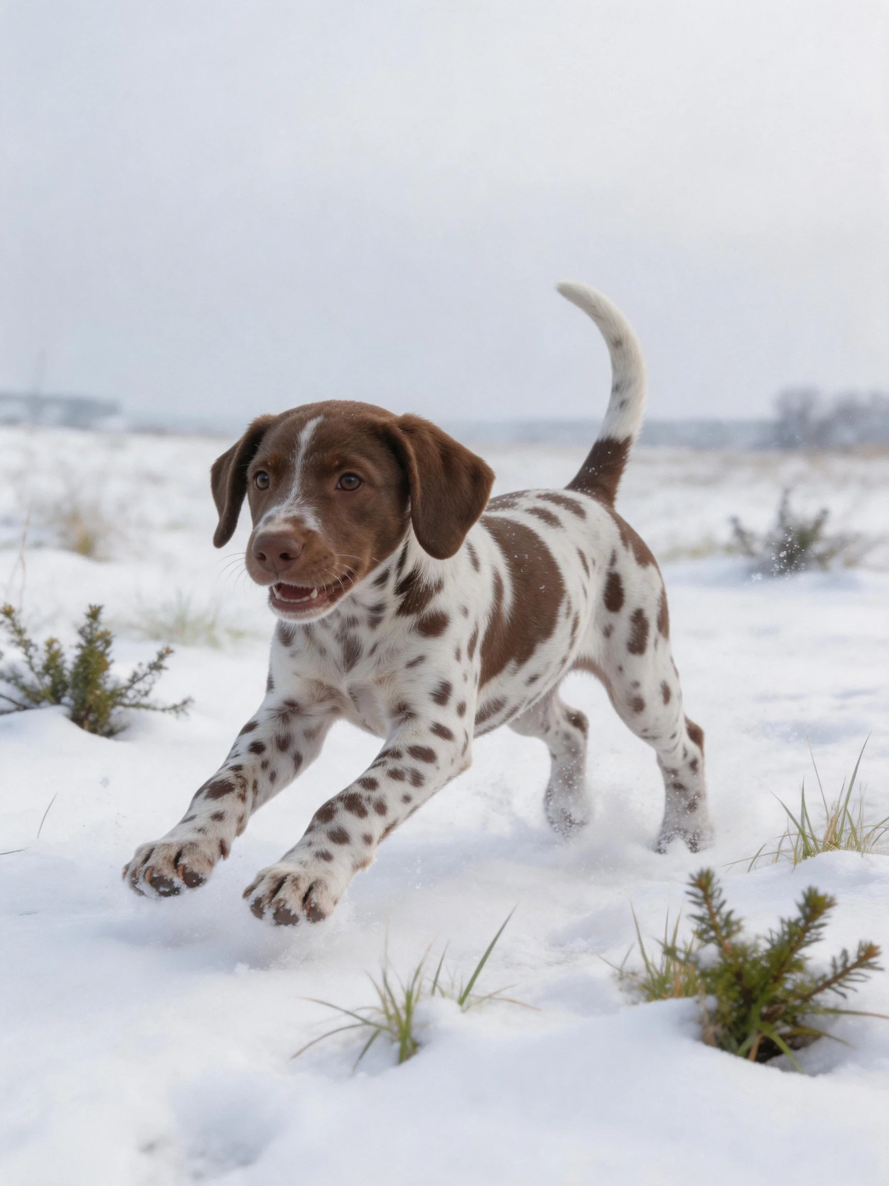 A brown-spotted puppy dashes through snowy landscape