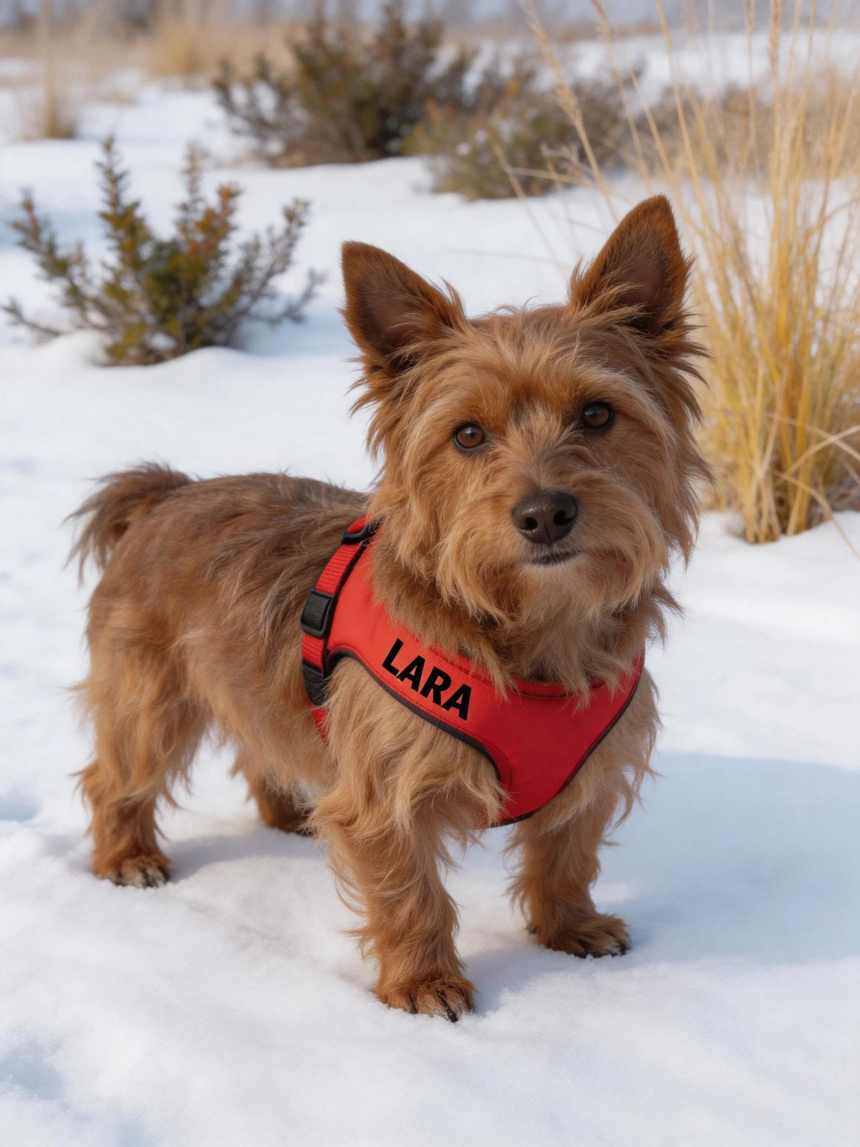 A small brown dog wears a red harness while standing on snow near winter plants.