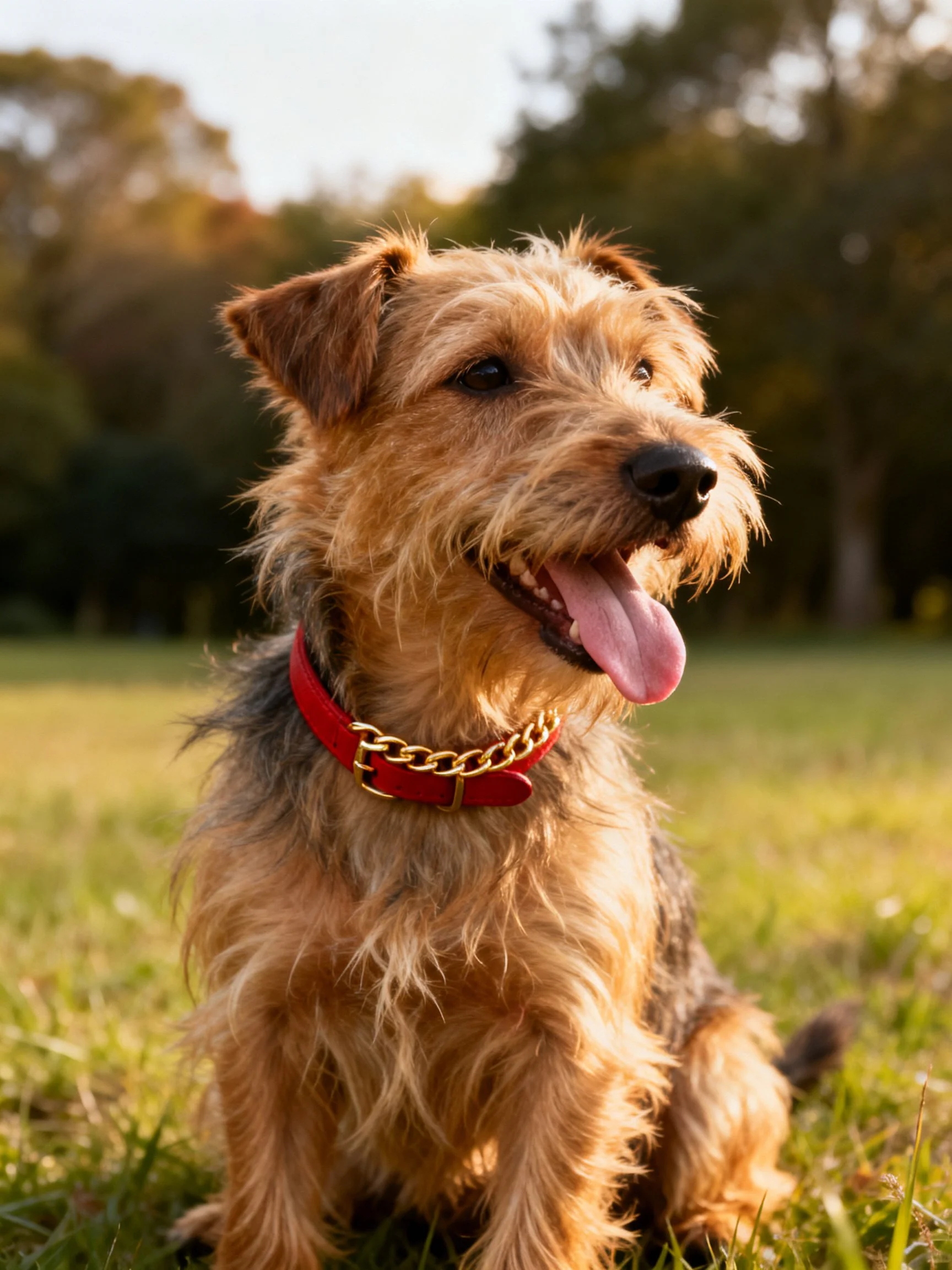 A brown terrier dog with a red collar sits on grass