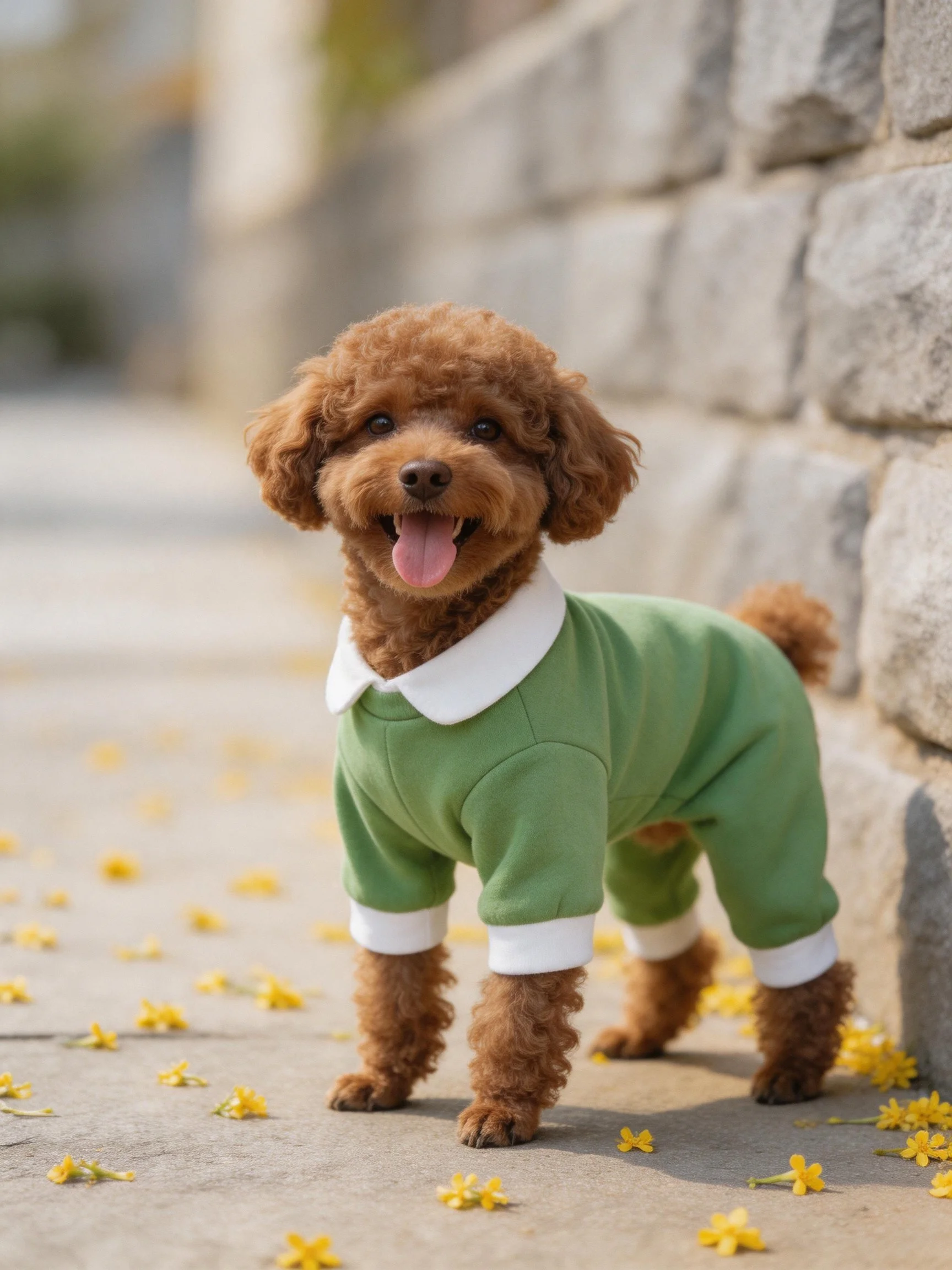 A brown toy poodle wears a green outfit near a stone wall with scattered yellow flowers.