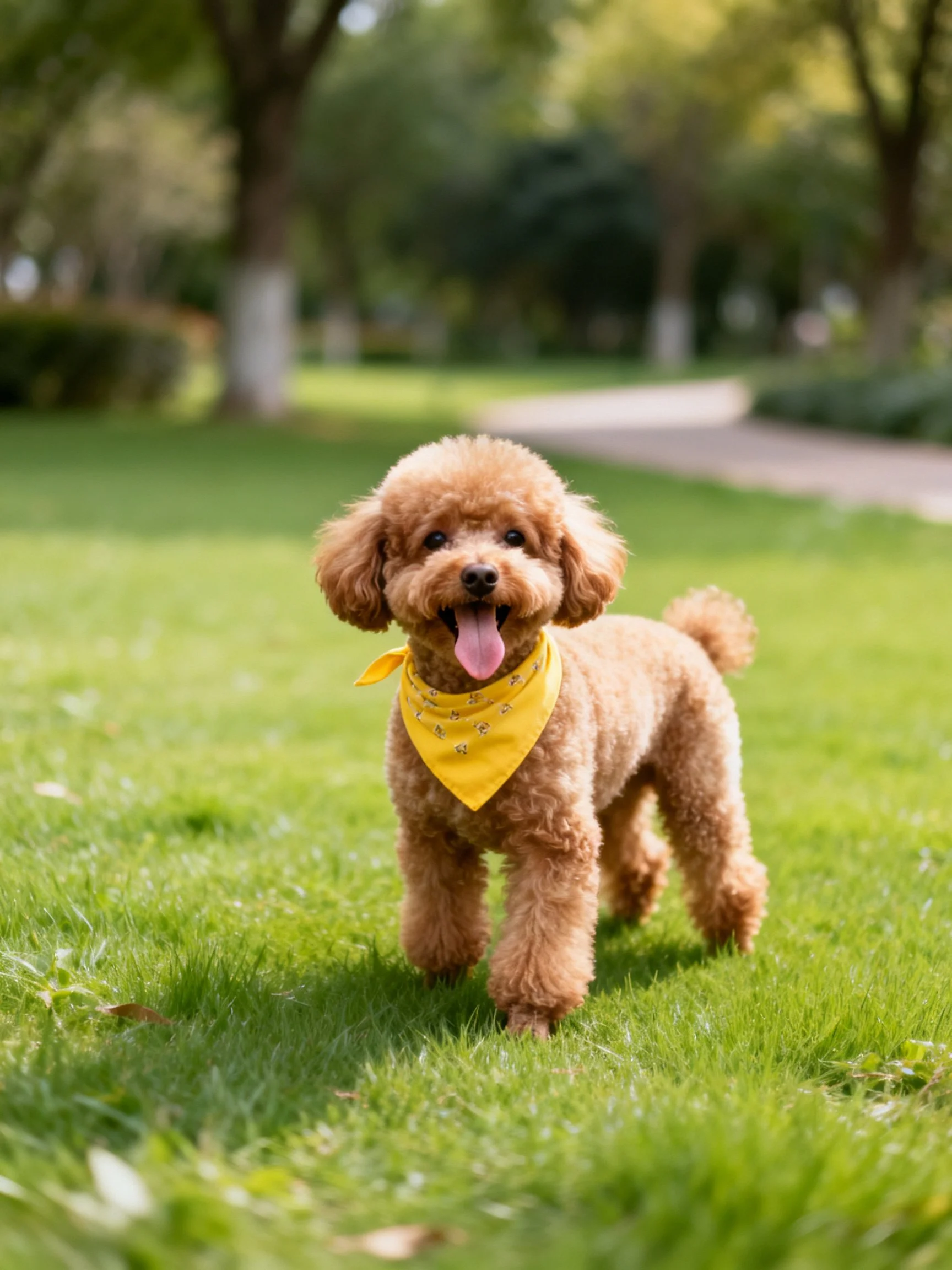 A brown toy poodle stands on lush green grass wearing a yellow bandana.