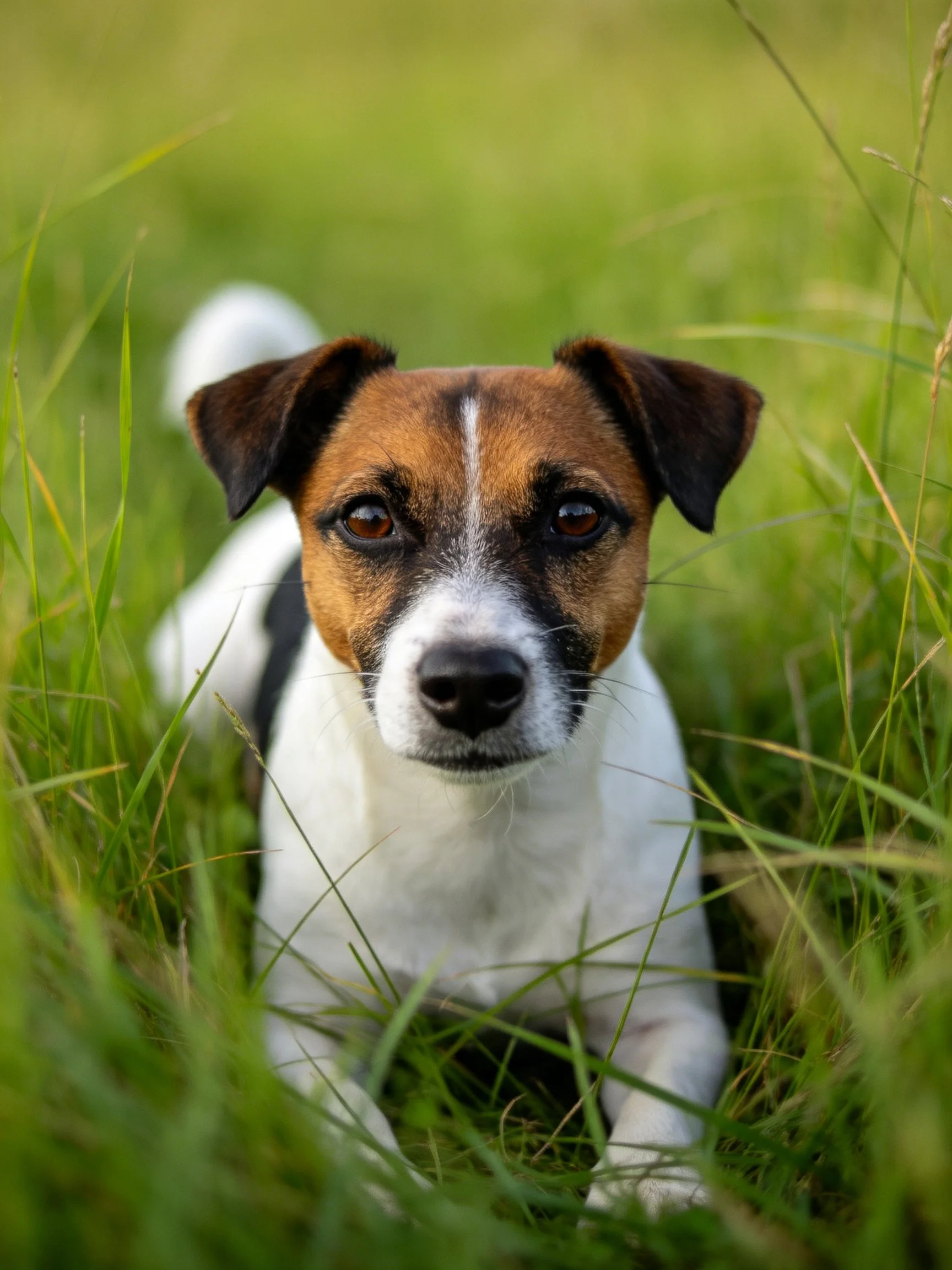 A dog with brown, white, and black fur rests among tall green grass.