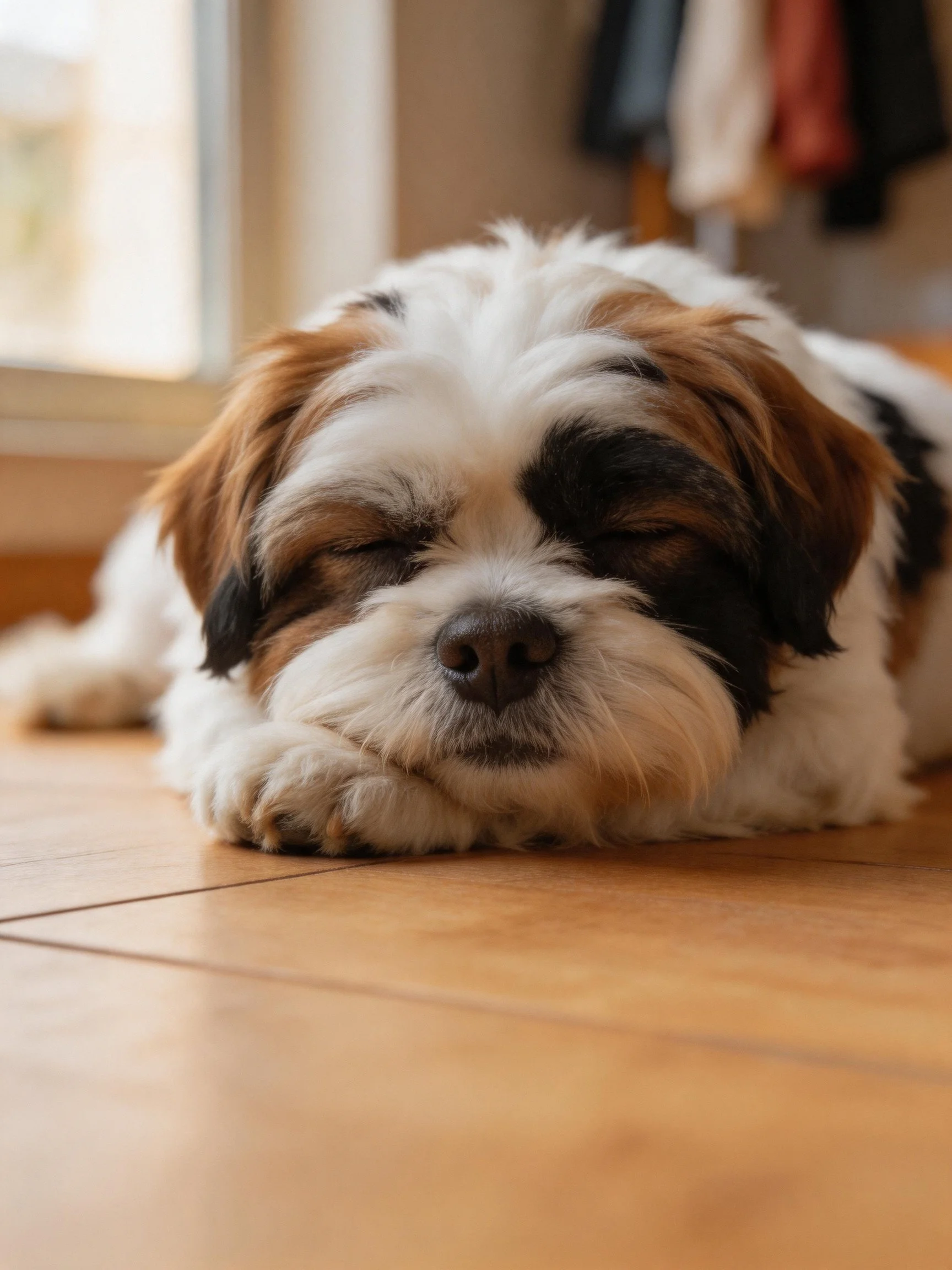 A multicolored dog rests quietly on a wooden surface.