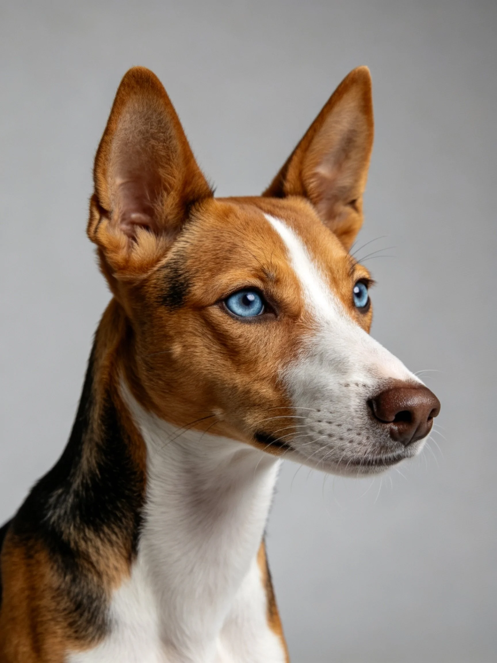 A close - up portrait of a dog with blue eyes and distinct coat patterns.