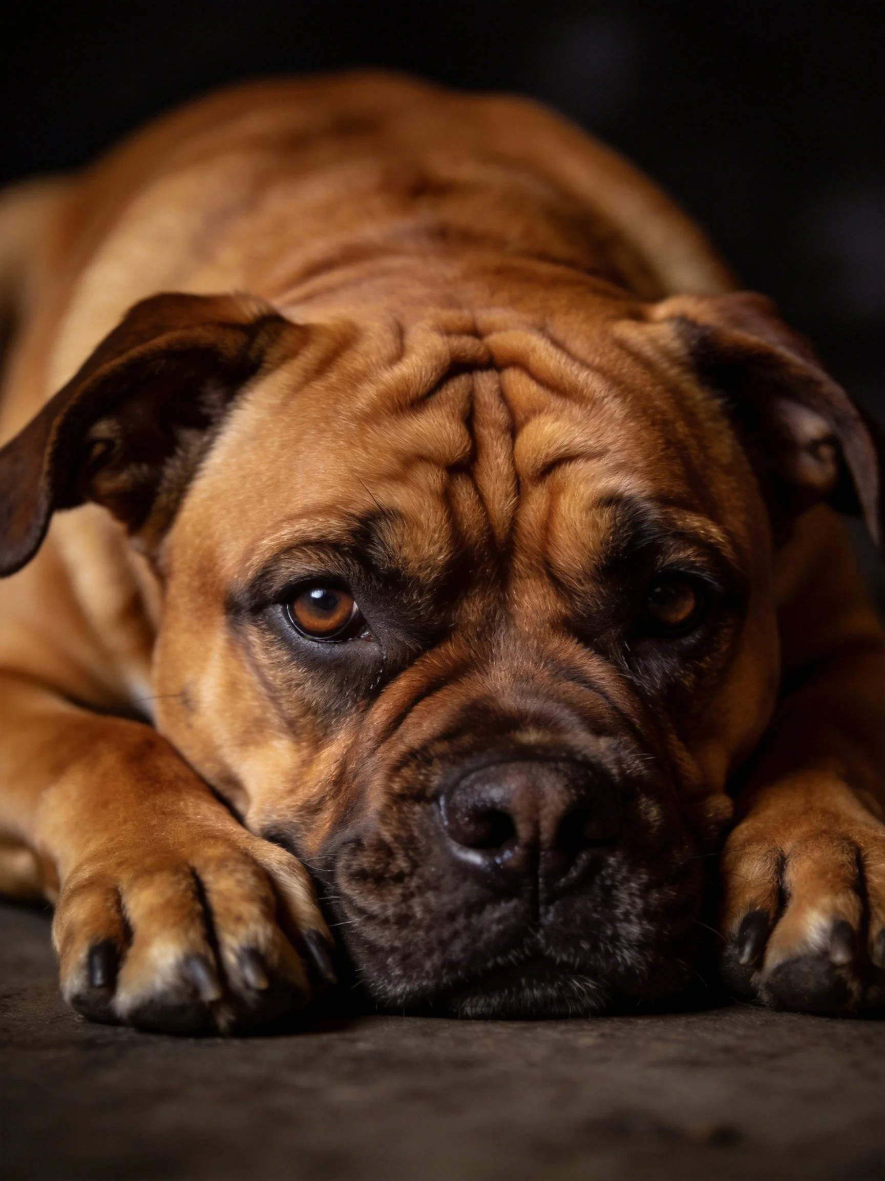 A brown wrinkled dog rests with paws extended on a dark surface