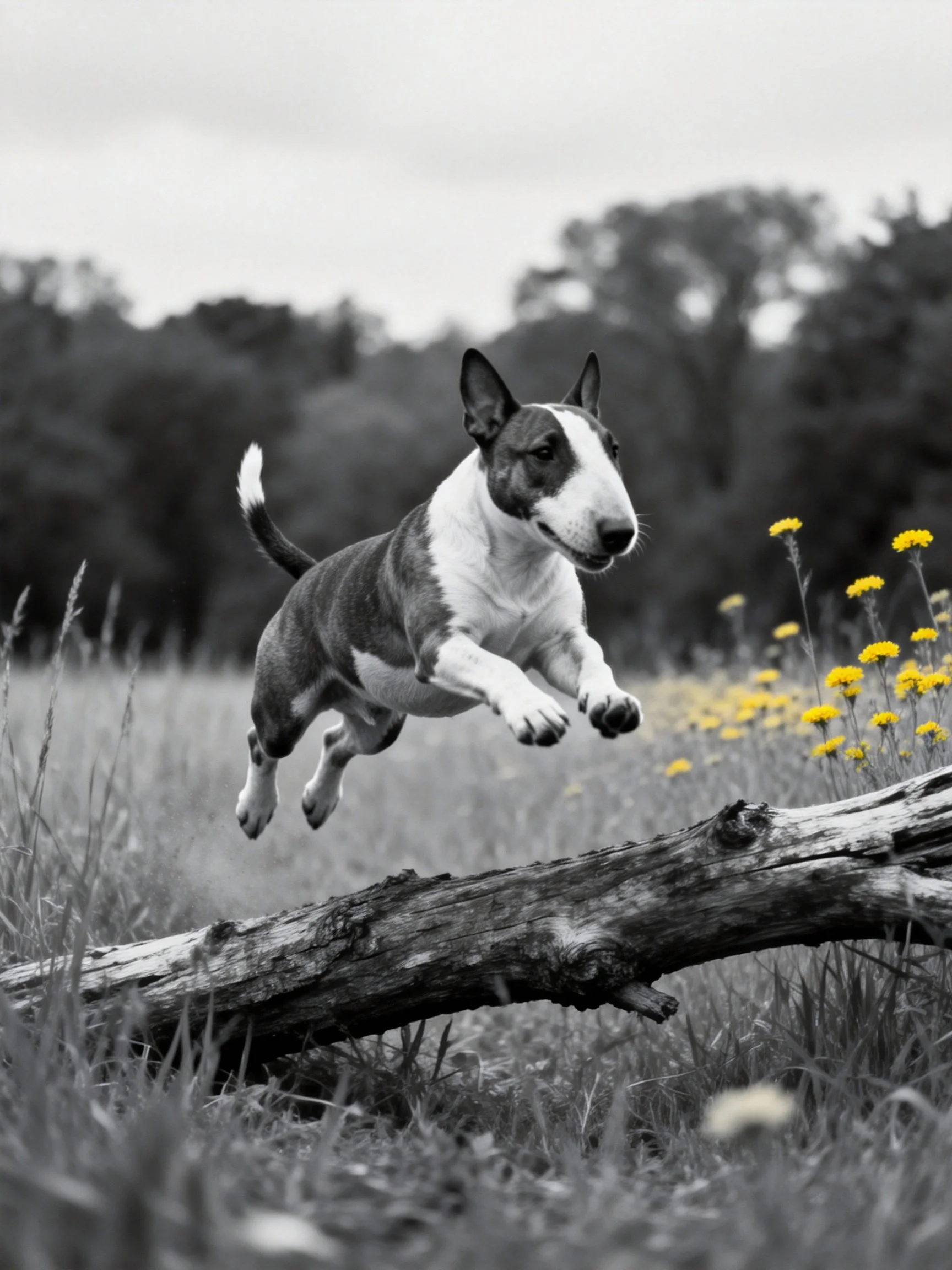 A bull terrier leaps over a weathered log in a wildflower field