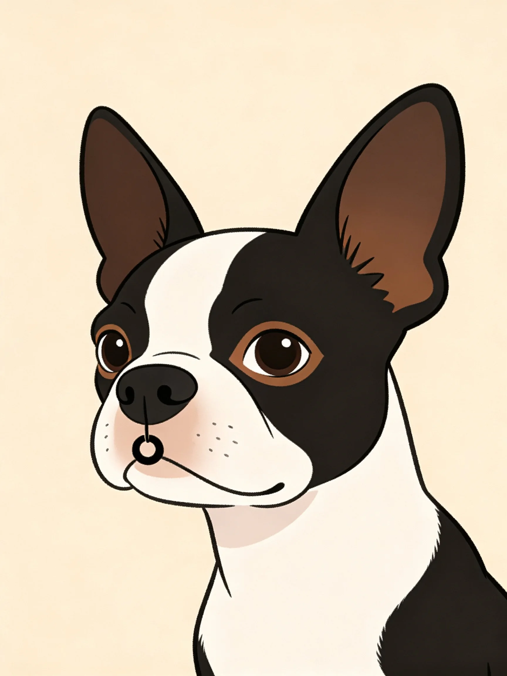 A cartoon Boston Terrier with black and white fur