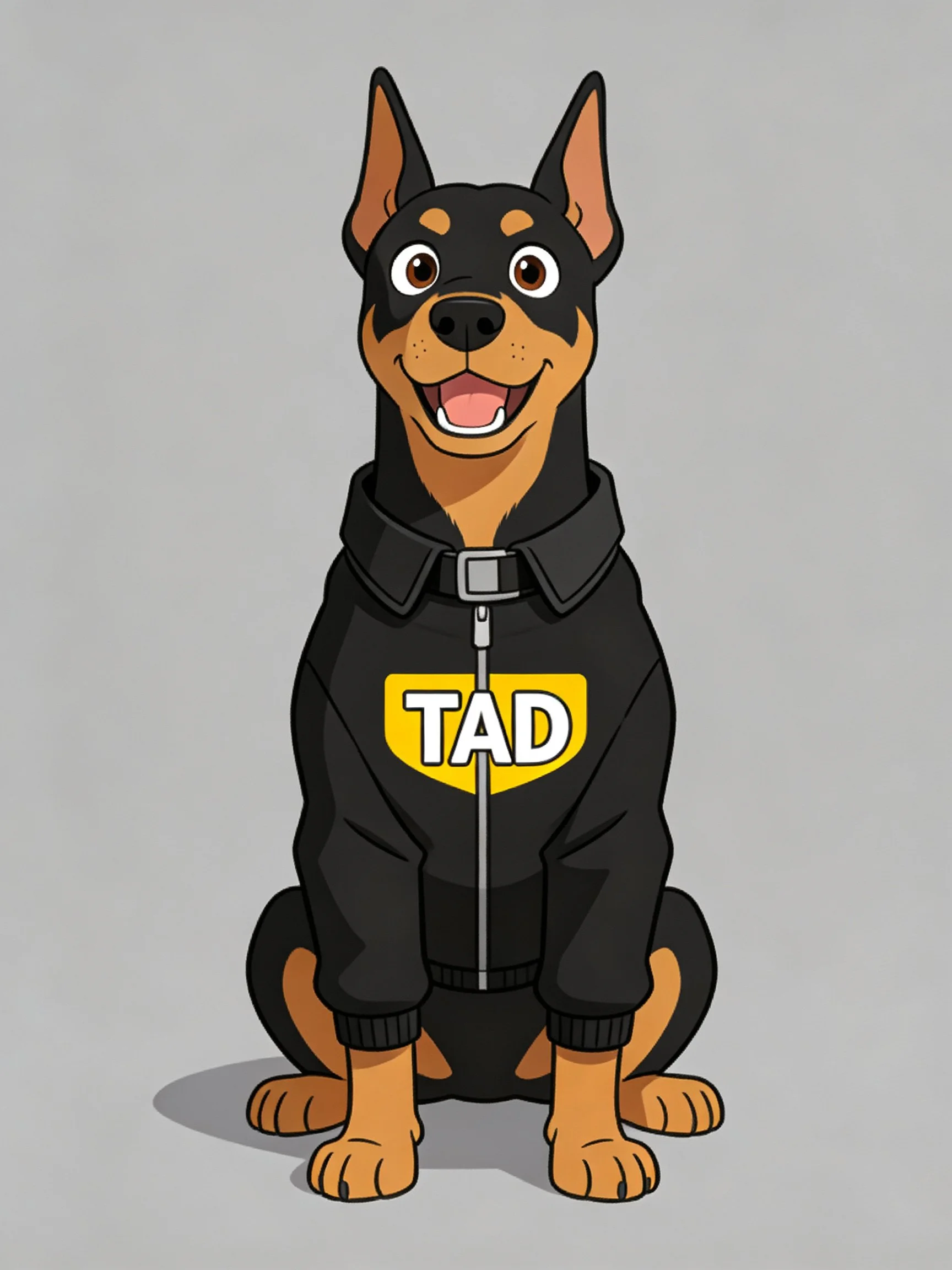 A cartoon Doberman in a black zip-up hoodie with yellow TAD emblem