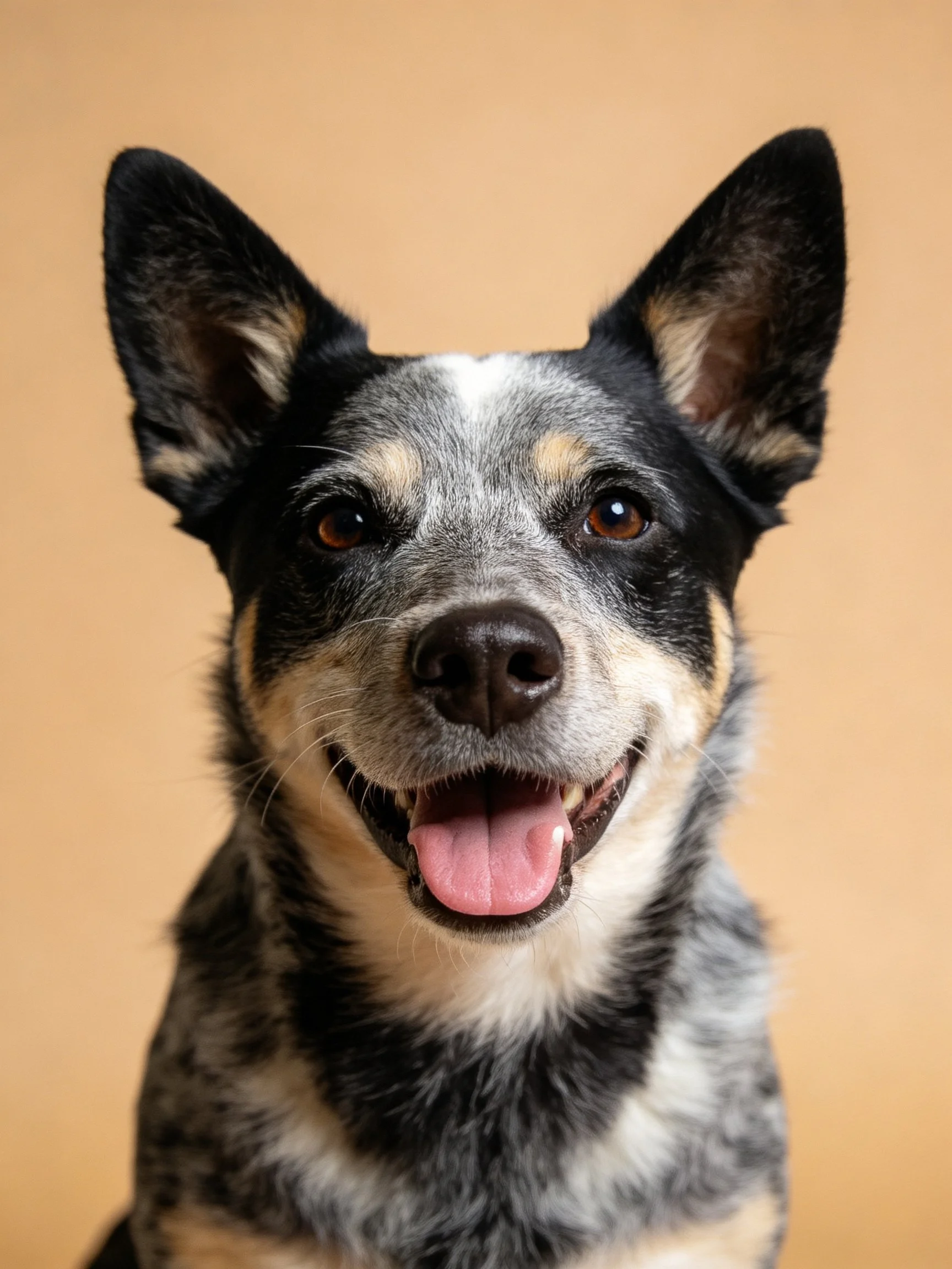 A cheerful Australian Cattle Dog with black, gray, and tan fur
