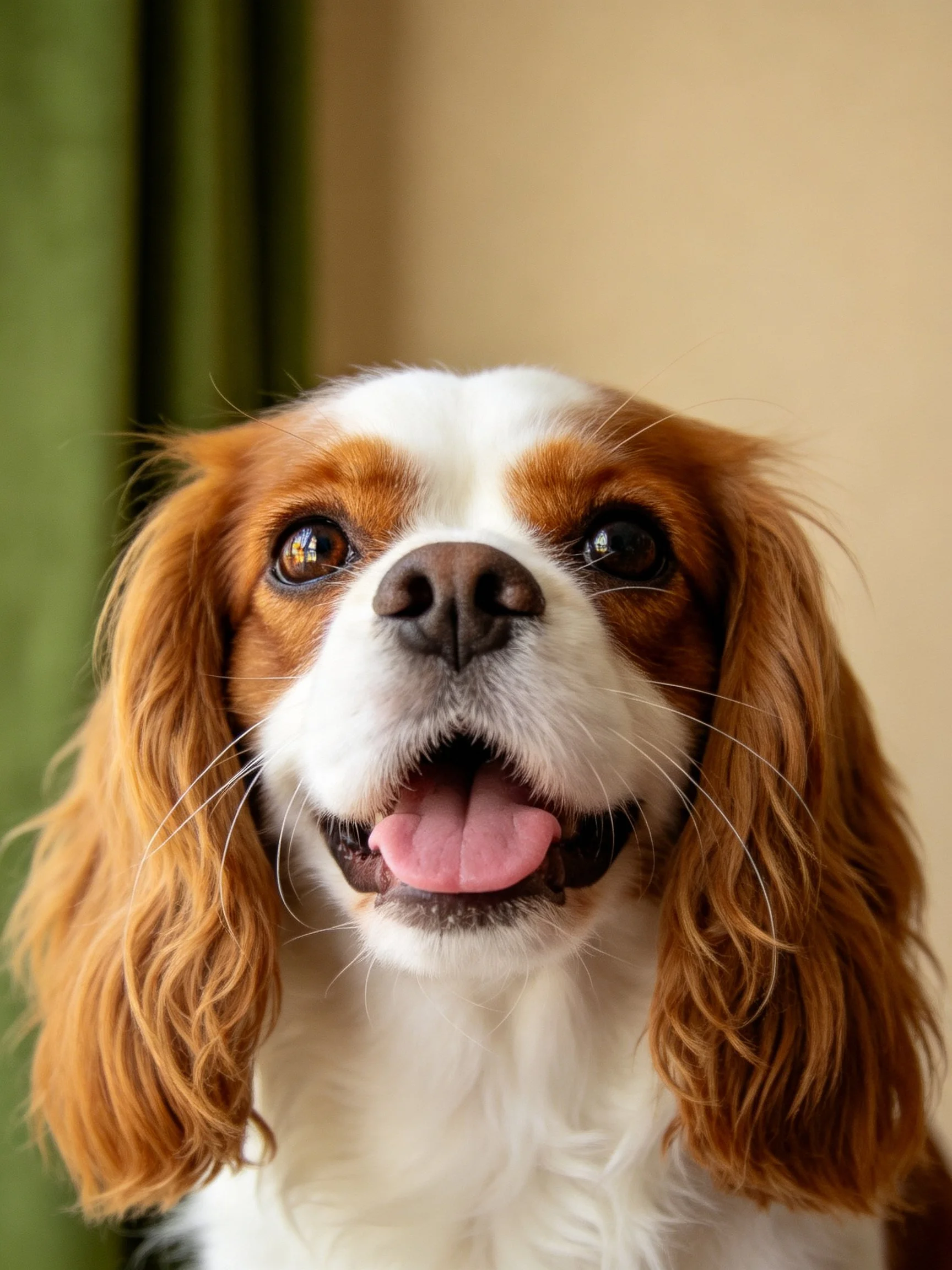 A cheerful Cavalier King Charles Spaniel with brown and white fur appears happy.