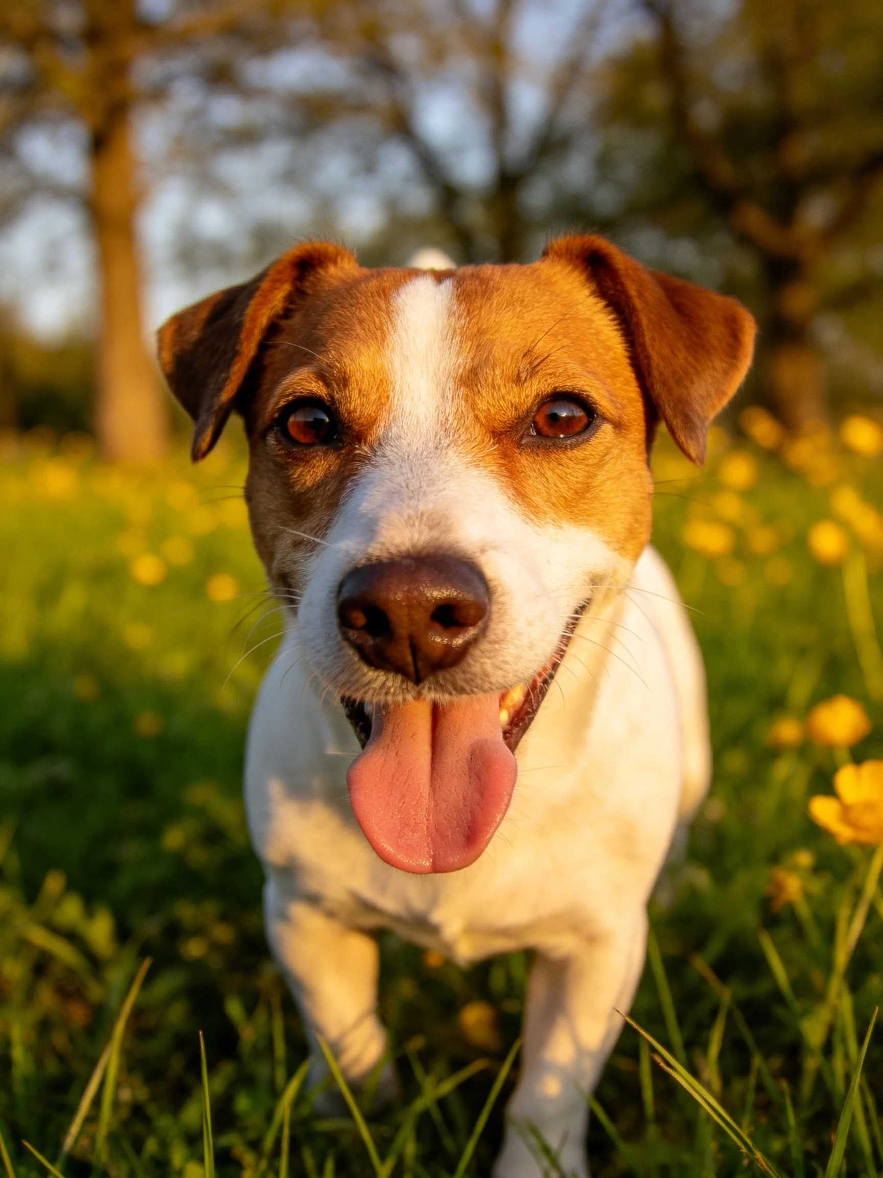 A cheerful Jack Russell Terrier in a sunlit flower-filled meadow