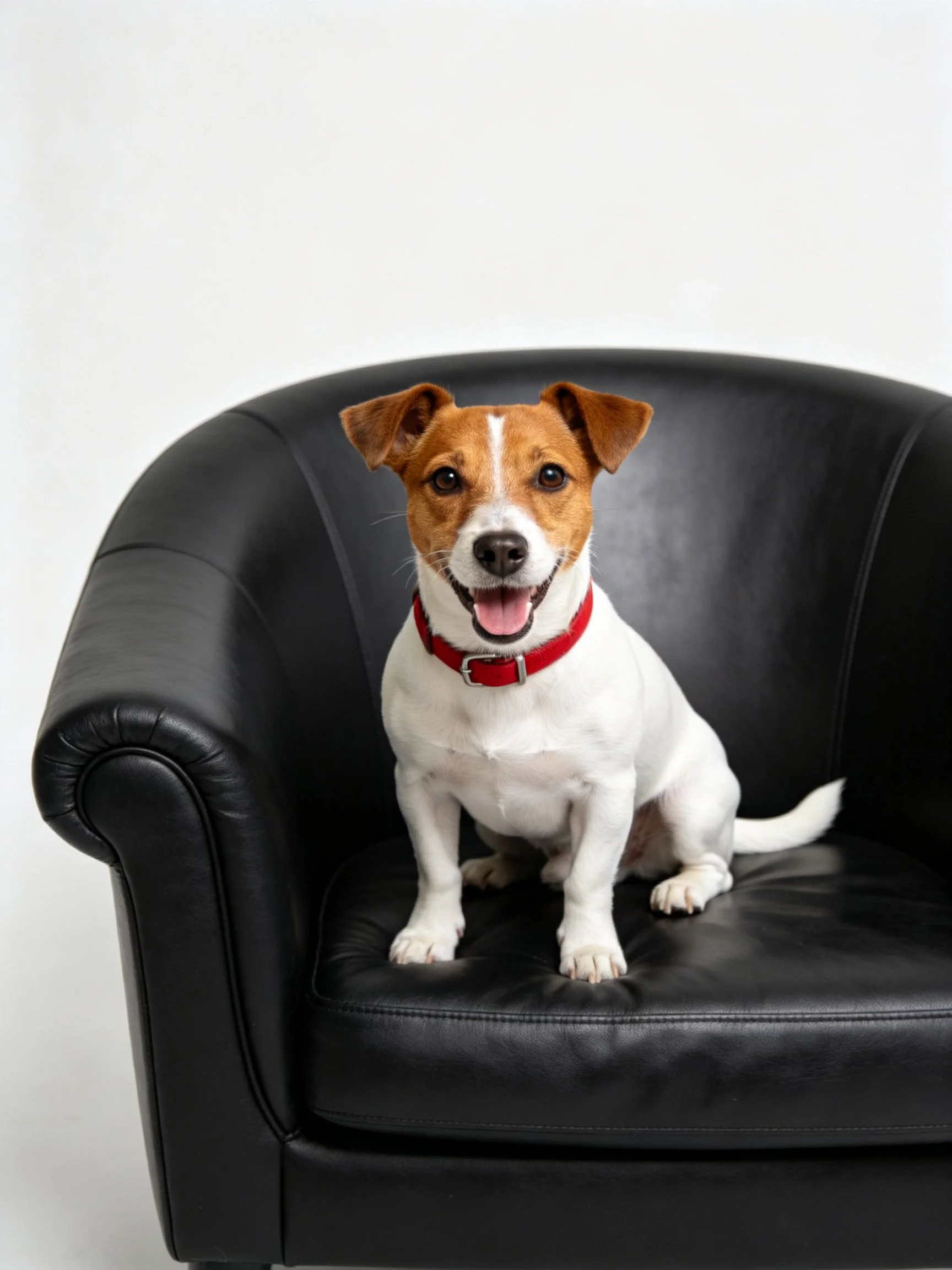 A happy Jack Russell Terrier sits on a black leather armchair