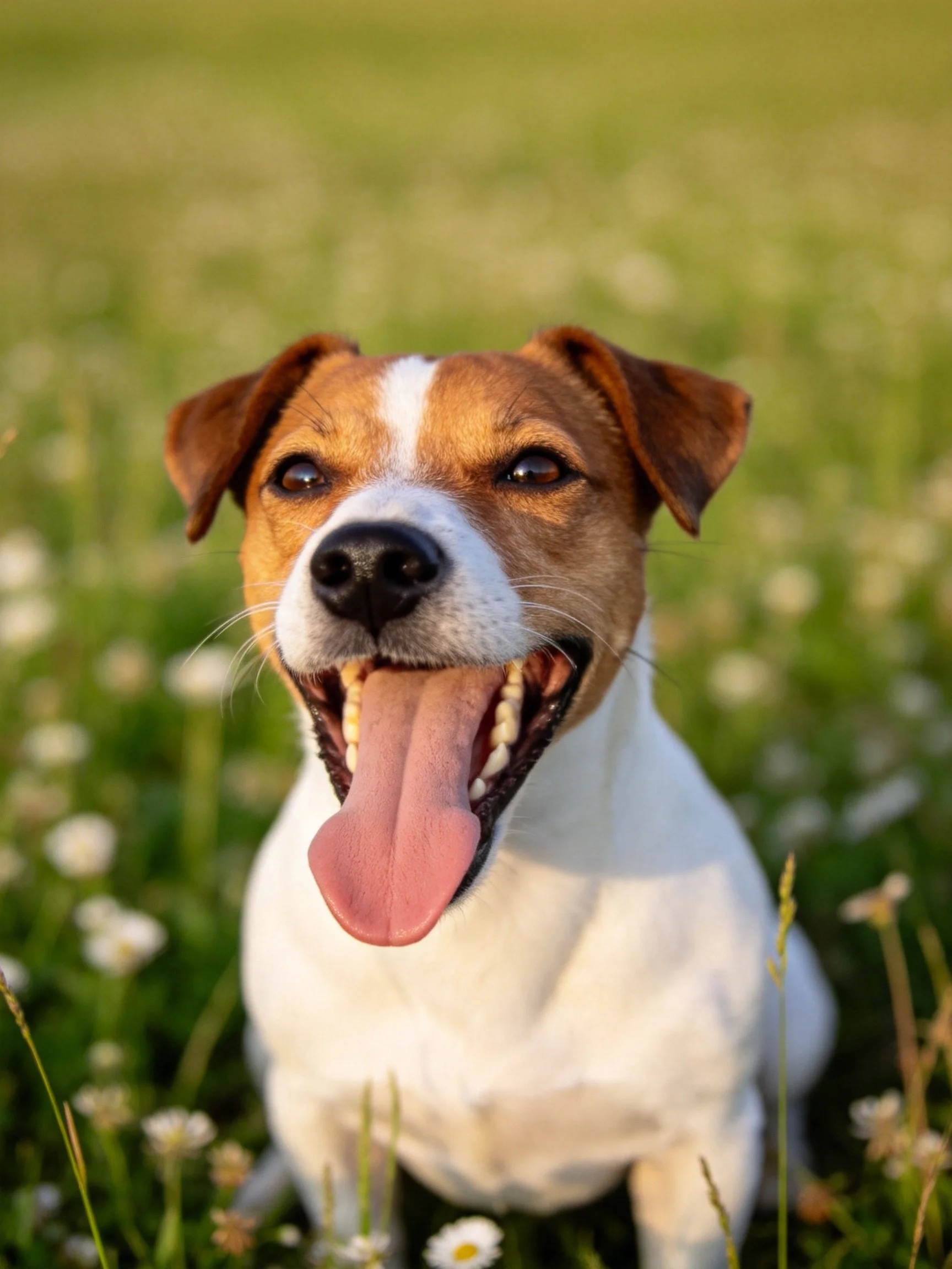 A cheerful Jack Russell Terrier sitting in a flower-filled meadow