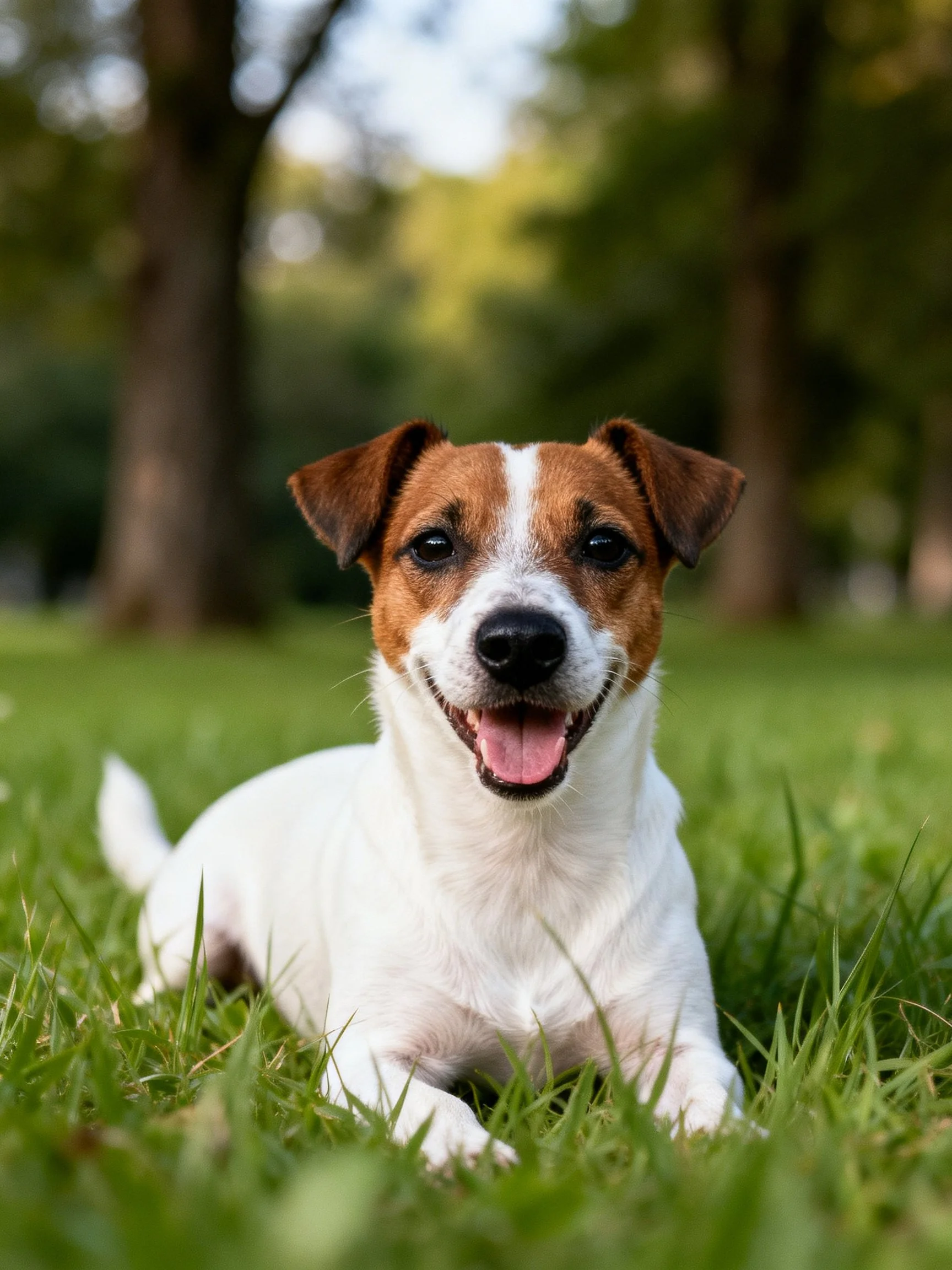 A cheerful Jack Russell terrier relaxes on grass in a sunlit park